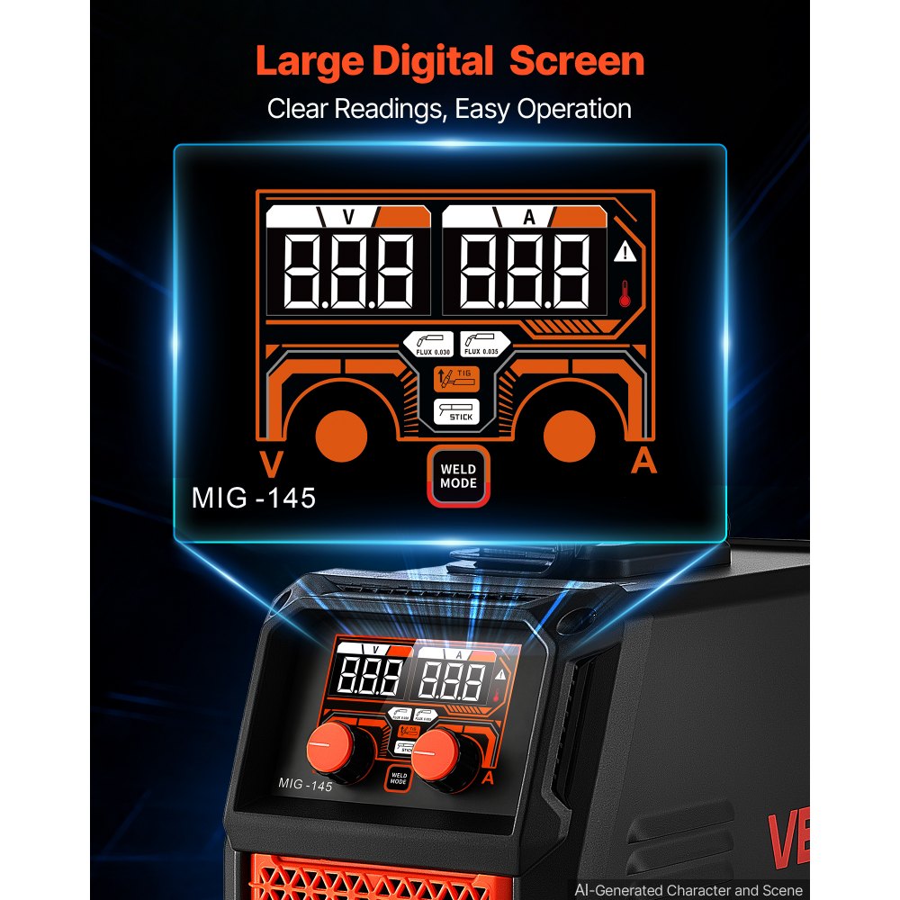 VEVOR 145A MIG-lasapparaat 3-in-1 Lift-TIG/Gasloos gevuld draad/MMA-lassen, draagbaar lasapparaat voor werkplaats, garage, doe-het-zelf, IGBT-inverter, Synergy Control, digitaal display, overbelastingsbeveiliging