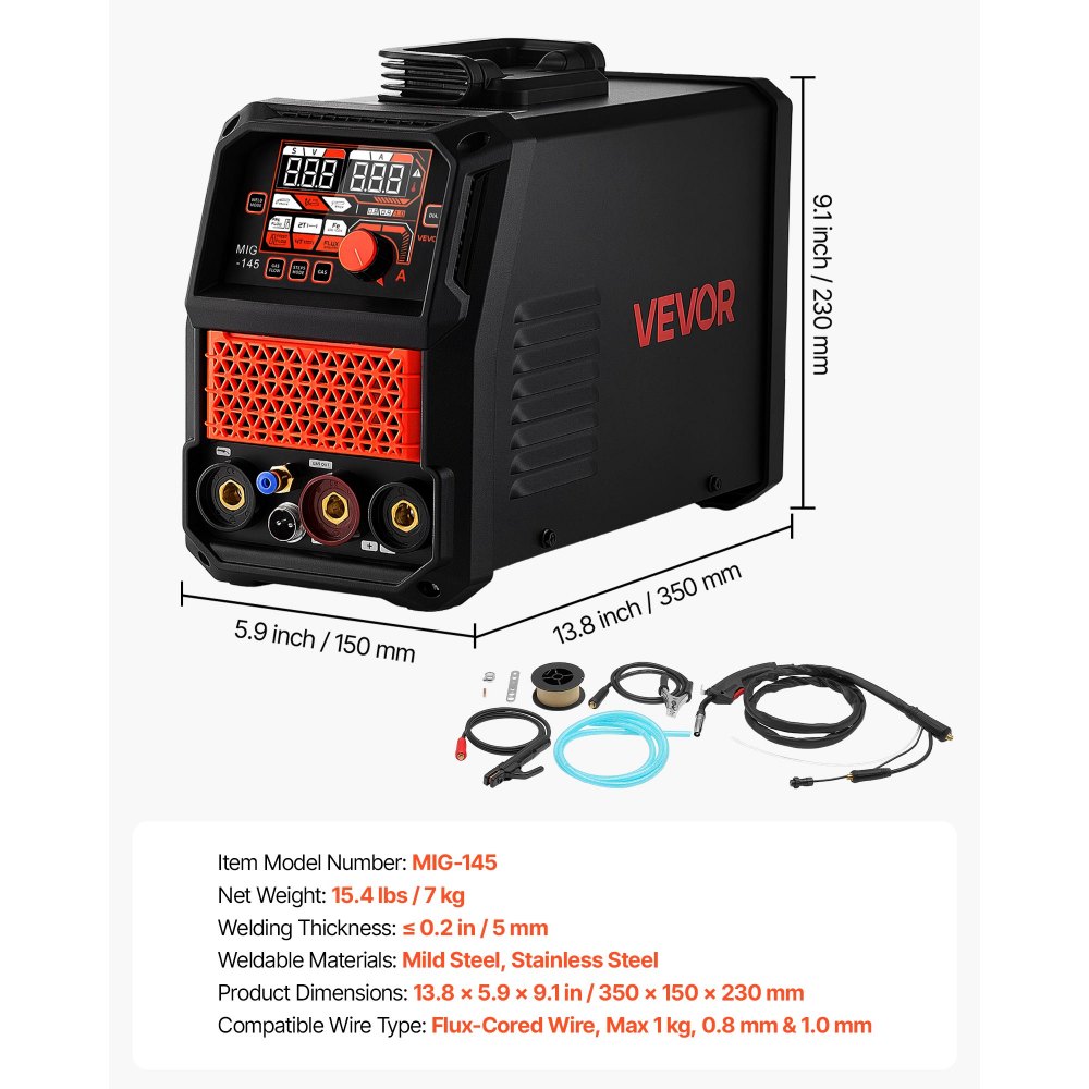 VEVOR 145A MIG-lasapparaat 4-in-1 MIG/gevuld draad/lift-TIG/MMA-lassen, draagbaar 220V-lasapparaat voor werkplaats, garage en doe-het-zelf, IGBT-inverter, Synergy Control, 2T/4T-modi, digitaal display