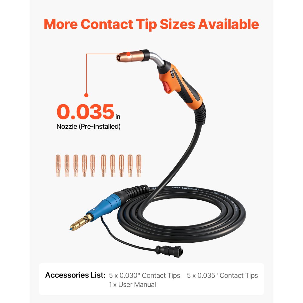 VEVOR 250A MIG Welding Gun with 4.57m Cable, Replacement for Miller MDX-250 - with 11PCS Mig Welding Contact Tips