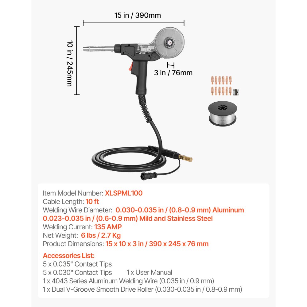 VEVOR 135A MIG-lasbrander met 3 m slang, MIG-laspistool met 11 reservemondstukken en dubbele V-groef, professionele lasaccessoires compatibel met Miller Spoolmate 100, gasmetaalbooglasmachine voor werkplaats
