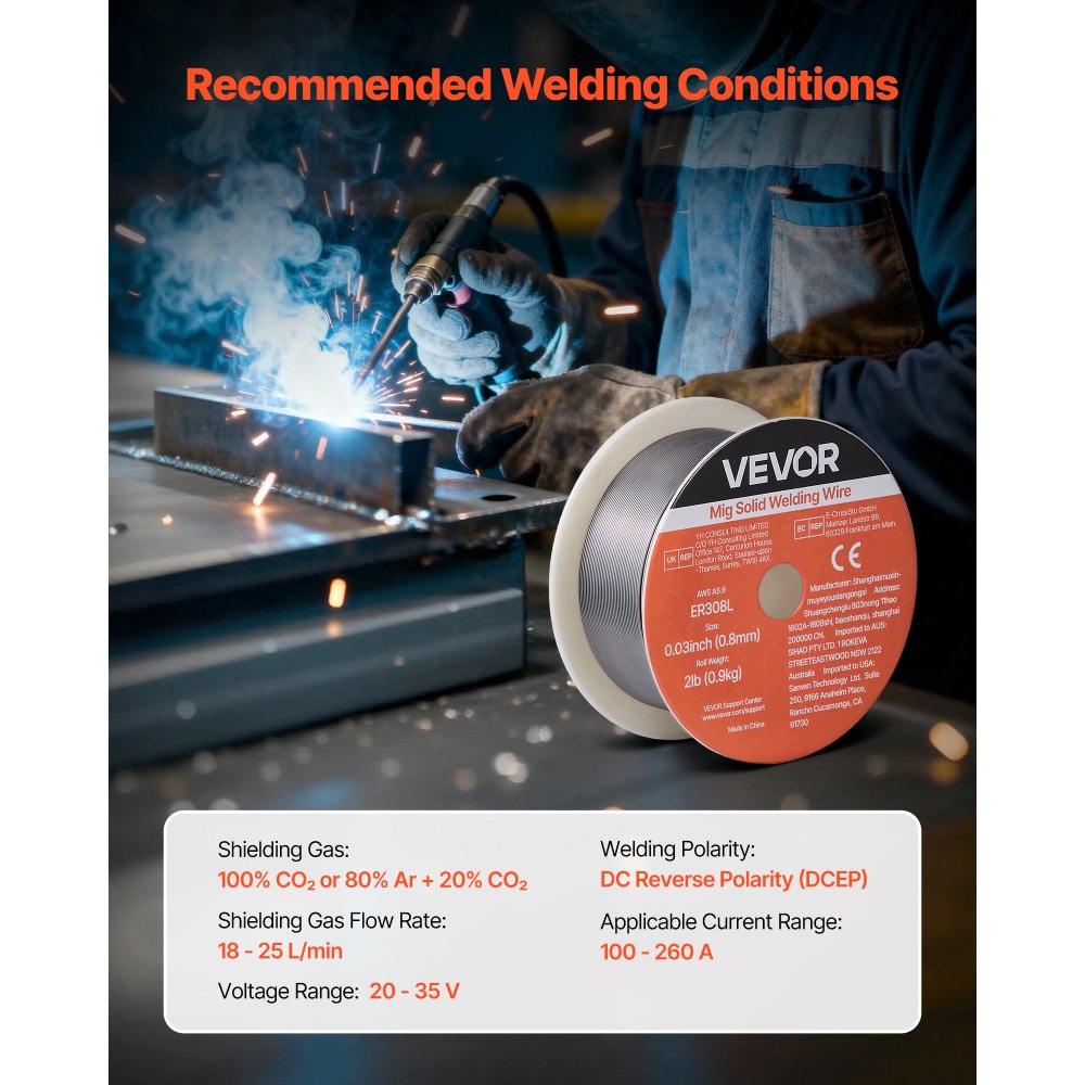 VEVOR Solid MIG Welding Wire, ER308L 0.03-inch 2 LBS, Low Spatter Stainless Steel Welding Wire with High Feedability for All-Position Gas Shielded Welding