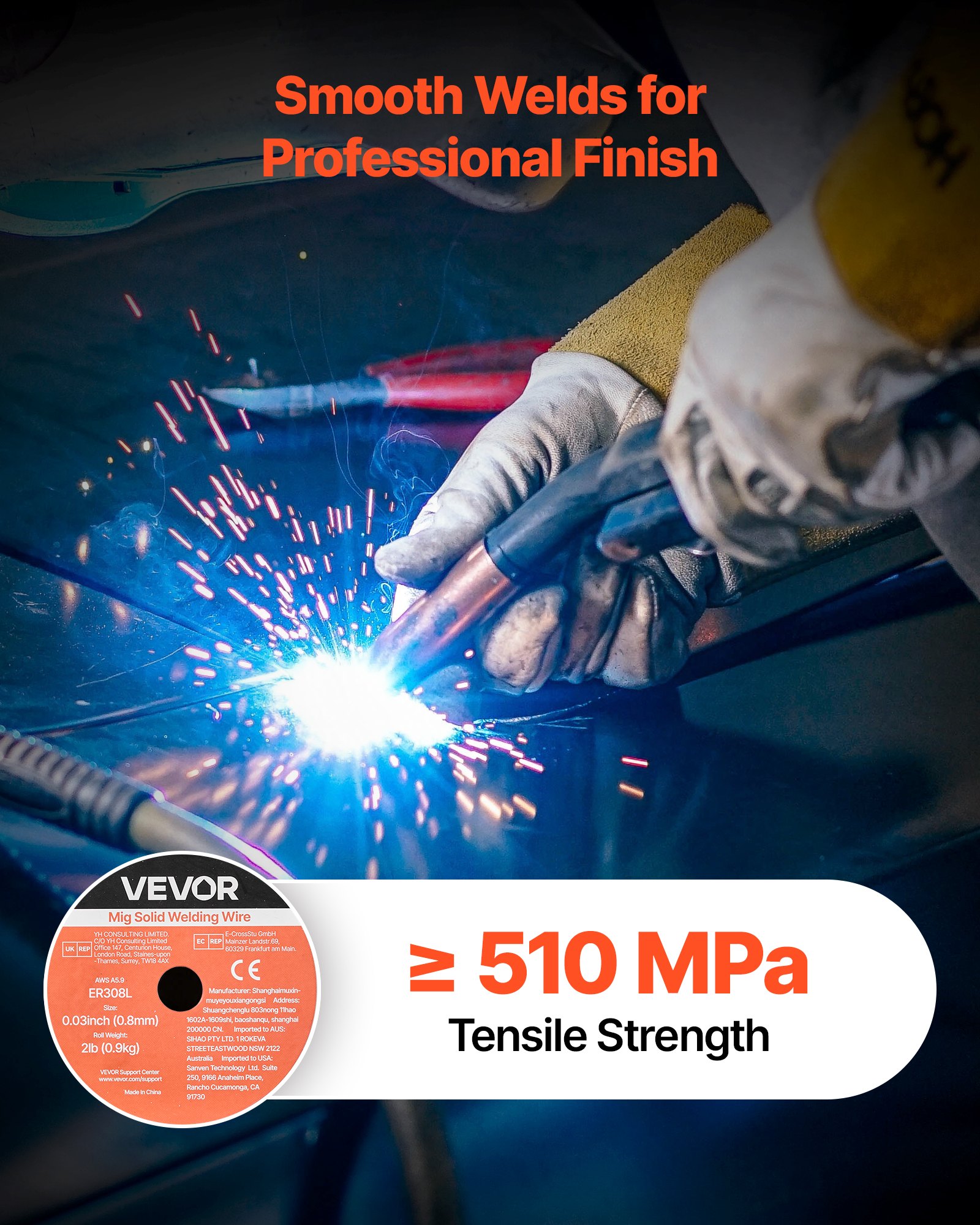VEVOR Solid MIG Welding Wire, ER308L 0.03-inch 2 LBS, Low Spatter Stainless Steel Welding Wire with High Feedability for All-Position Gas Shielded Welding