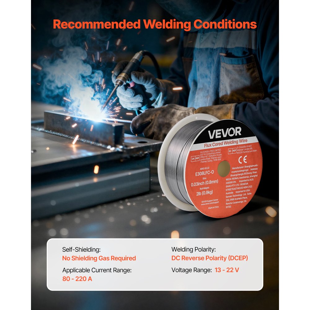 VEVOR gevulde lasdraad 0,8 mm, MIG-lasdraad E308LFC-O, 0,9 kg. Gasloze roestvrijstalen lasdraad met minimale spatvorming voor alle lasposities, zelfbeschermend voor gebruik buitenshuis, 1 stuk.