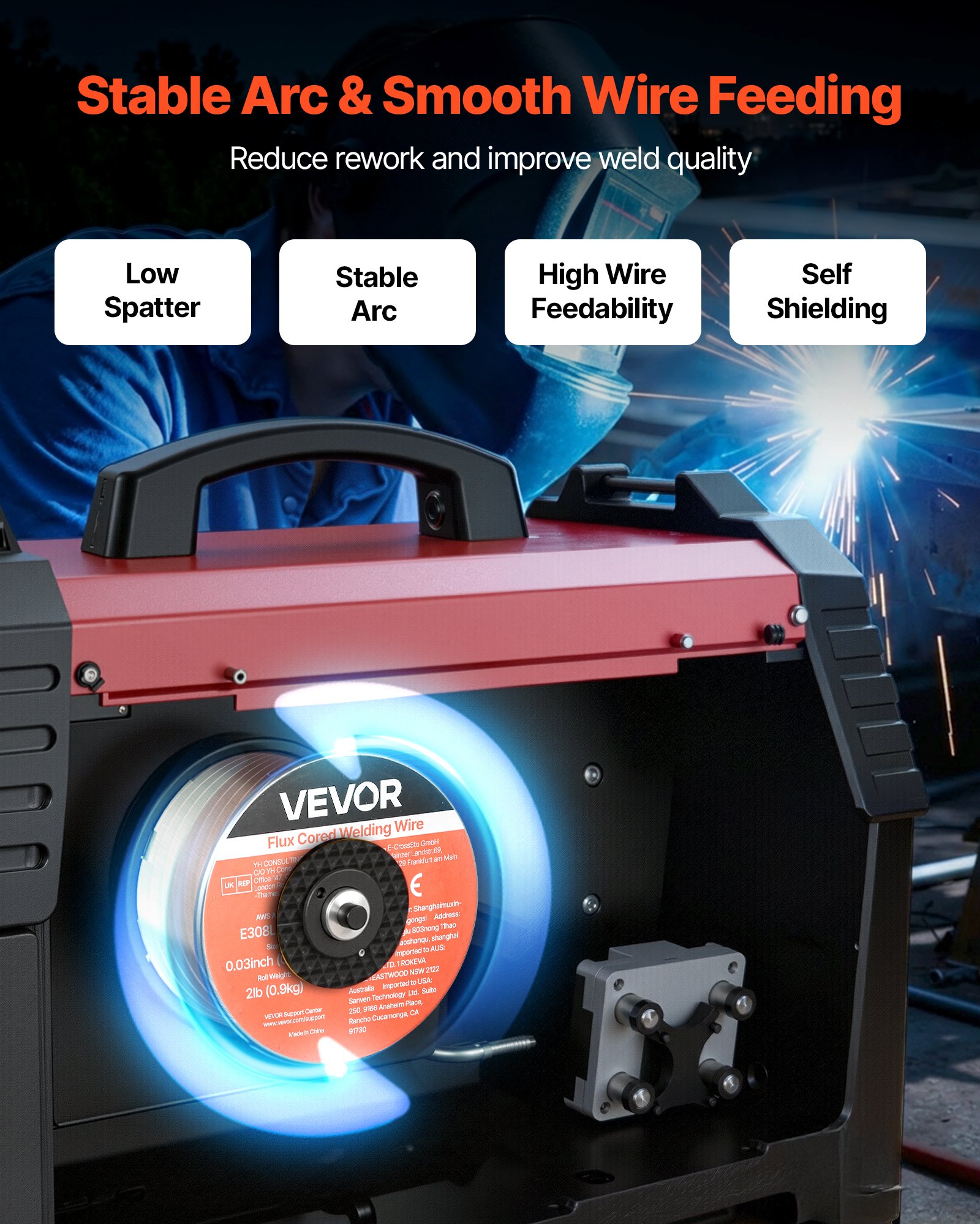 VEVOR gevulde lasdraad 0,8 mm, MIG-lasdraad E308LFC-O, 0,9 kg. Gasloze roestvrijstalen lasdraad met minimale spatvorming voor alle lasposities, zelfbeschermend voor gebruik buitenshuis, 1 stuk.