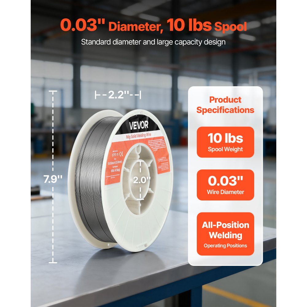 VEVOR Flux Core MIG Welding Wire, E71T-11 0.03-inch 10 LBS, Gasless Mild Steel Welding Wire with Low Spatter for All Position Arc Welding, Self-Shielded for Outdoor Use