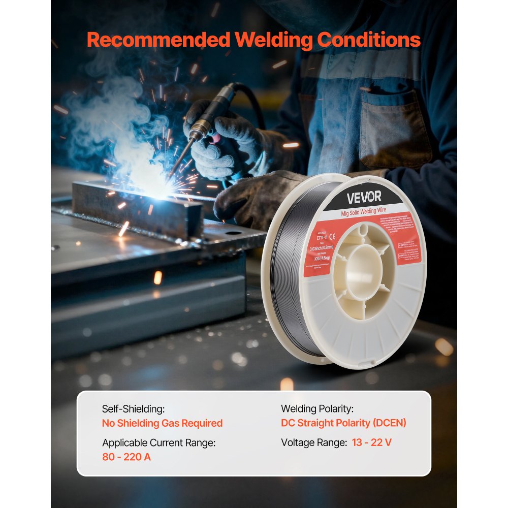 VEVOR Flux Core MIG Welding Wire, E71T-11 0.03-inch 10 LBS, Gasless Mild Steel Welding Wire with Low Spatter for All Position Arc Welding, Self-Shielded for Outdoor Use