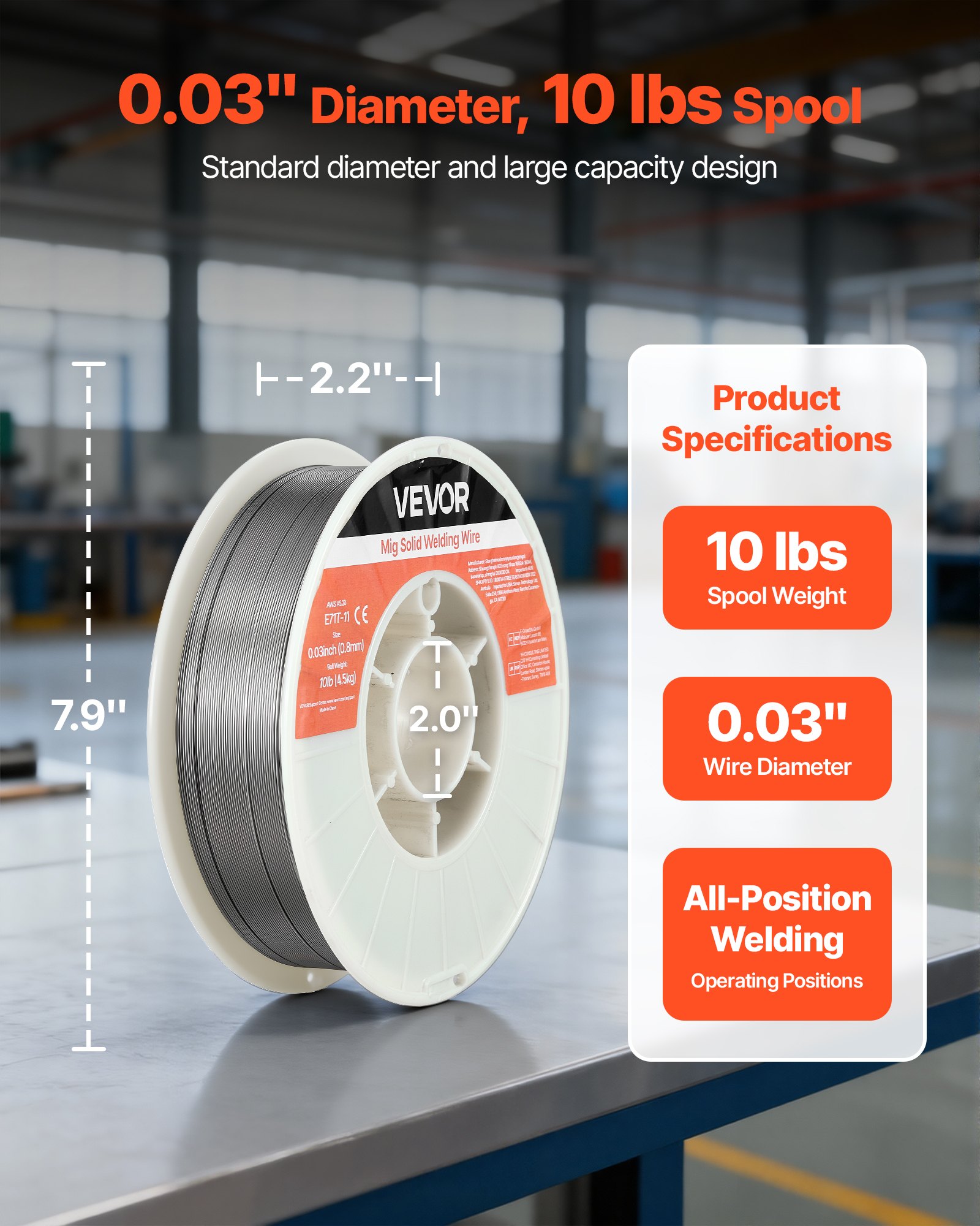VEVOR gevulde lasdraad 0,8 mm, MIG-lasdraad E71T-11, 4,5 kg gasloze draadspoel voor constructiestaal met minimale spatvorming voor alle lasposities, zelfbeschermend voor gebruik buitenshuis, 1 stuk.