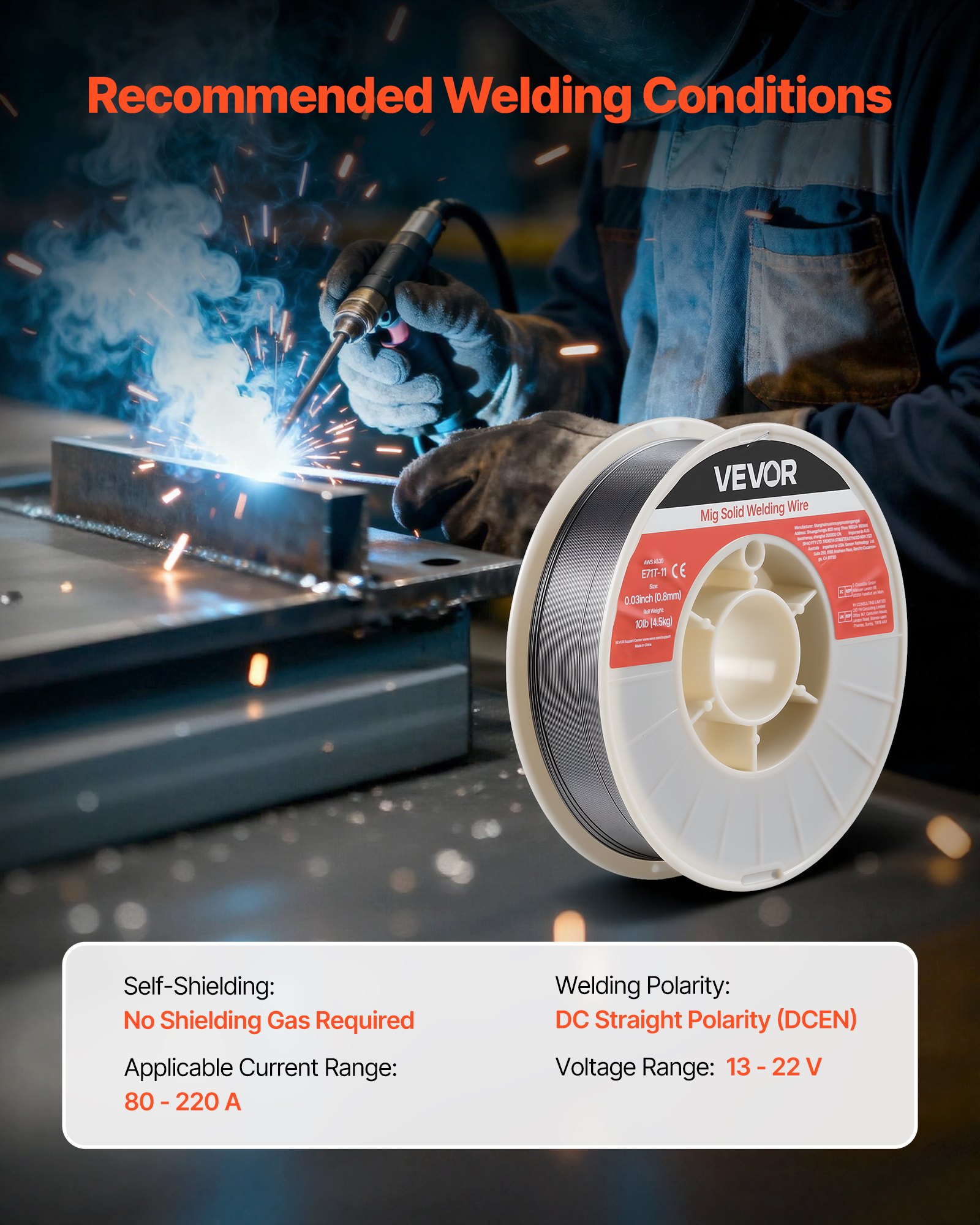 VEVOR gevulde lasdraad 0,8 mm, MIG-lasdraad E71T-11, 4,5 kg gasloze draadspoel voor constructiestaal met minimale spatvorming voor alle lasposities, zelfbeschermend voor gebruik buitenshuis, 1 stuk.