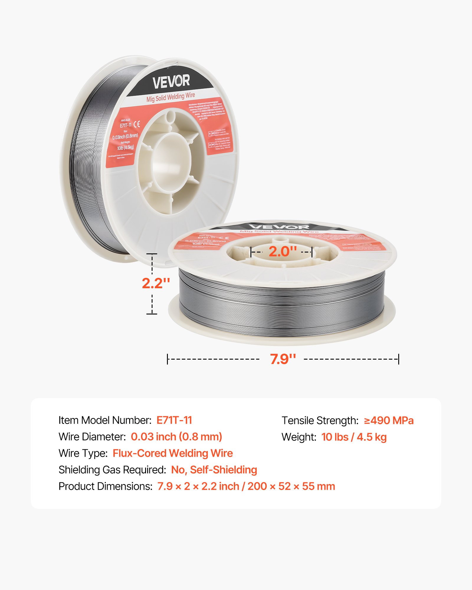 VEVOR gevulde lasdraad 0,8 mm, MIG-lasdraad E71T-11, 4,5 kg gasloze draadspoel voor constructiestaal met minimale spatvorming voor alle lasposities, zelfbeschermend voor gebruik buitenshuis, 1 stuk.