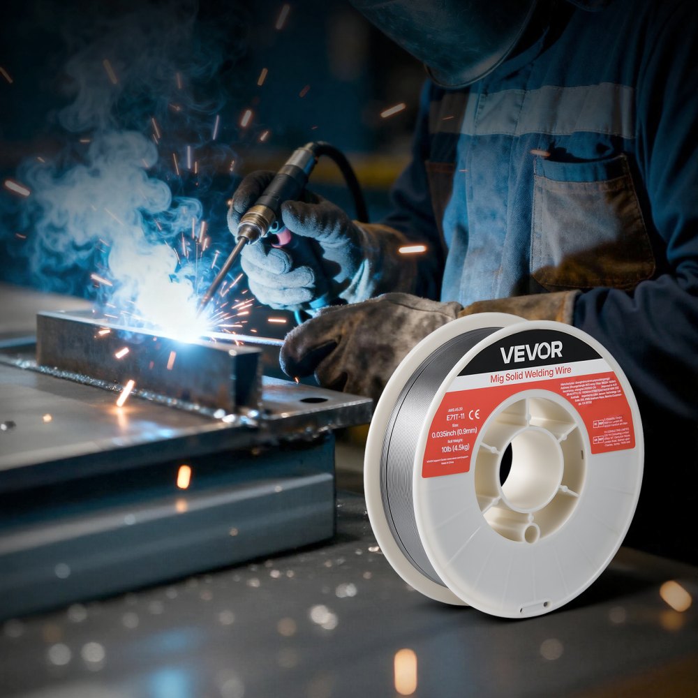 VEVOR gevulde lasdraad 0,9 mm E71T-11, MIG-lasdraad, 4,5 kg draadspoel voor constructiestaal met minimale spatvorming voor alle lasposities, zelfbeschermend voor gebruik buitenshuis, 1 stuk.
