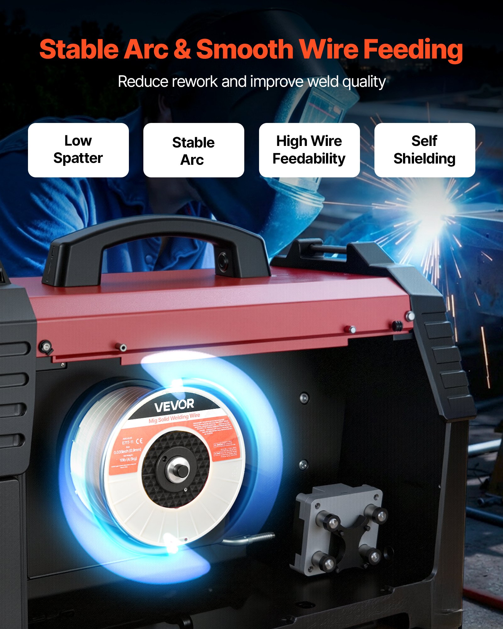VEVOR gevulde lasdraad 0,9 mm E71T-11, MIG-lasdraad, 4,5 kg draadspoel voor constructiestaal met minimale spatvorming voor alle lasposities, zelfbeschermend voor gebruik buitenshuis, 1 stuk.