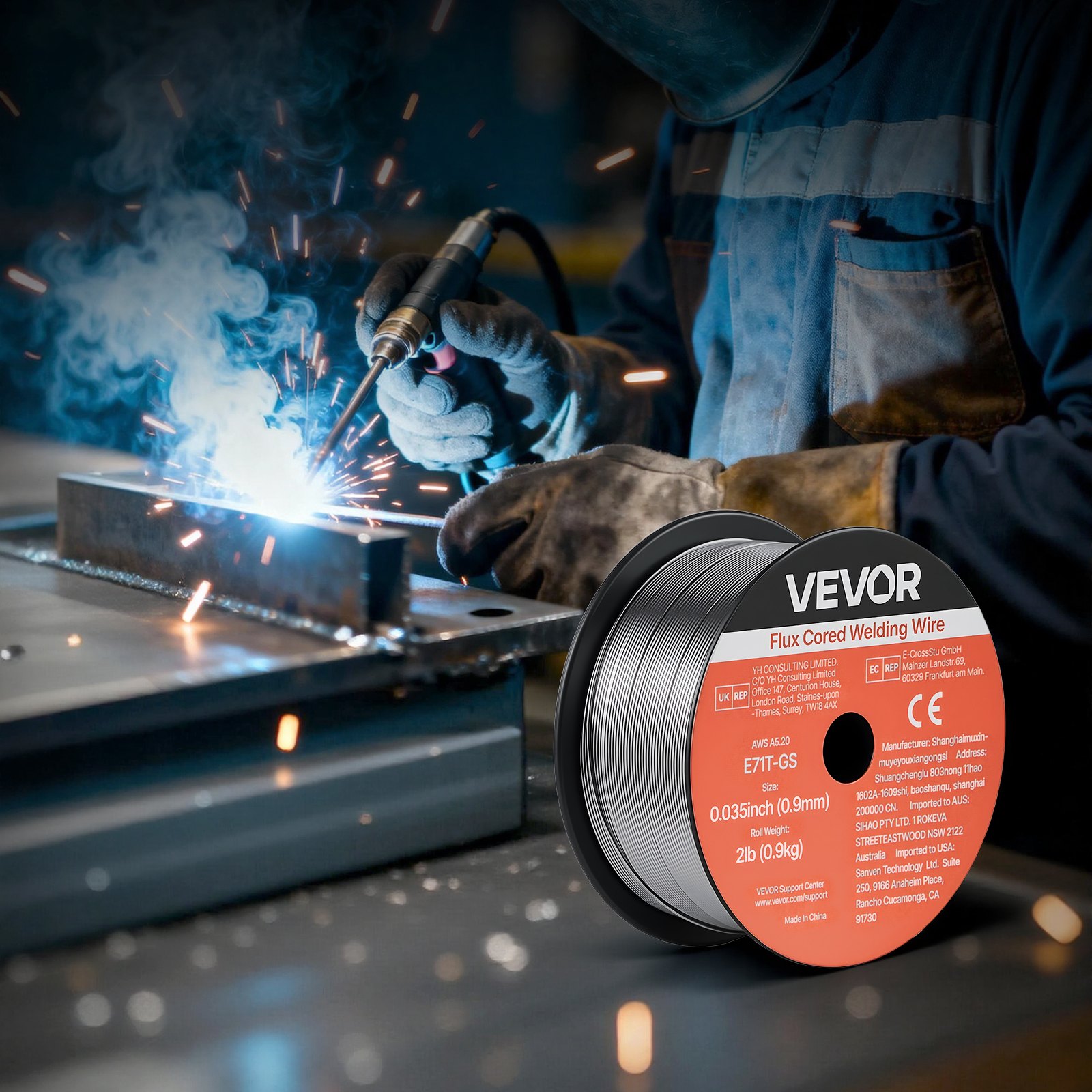 VEVOR gevulde MIG-lasdraad, 0,9 mm E71T-GS 0,9 kg, lasdraad met lage spatvorming voor alle lasposities, zelfbeschermend voor gebruik buitenshuis (3 rollen per verpakking)