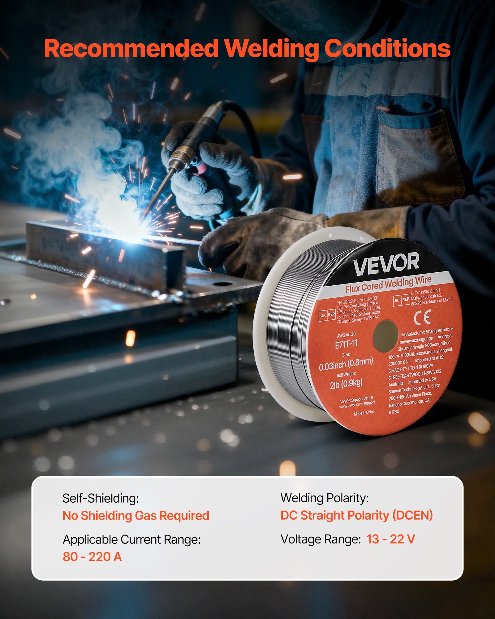 VEVOR Flux Core MIG Welding Wire, E71T-11 0.03-inch 2 LBS, Gasless Mild Steel Welding Wire with Low Spatter for All Position Arc Welding, Self-Shielded for Outdoor Use