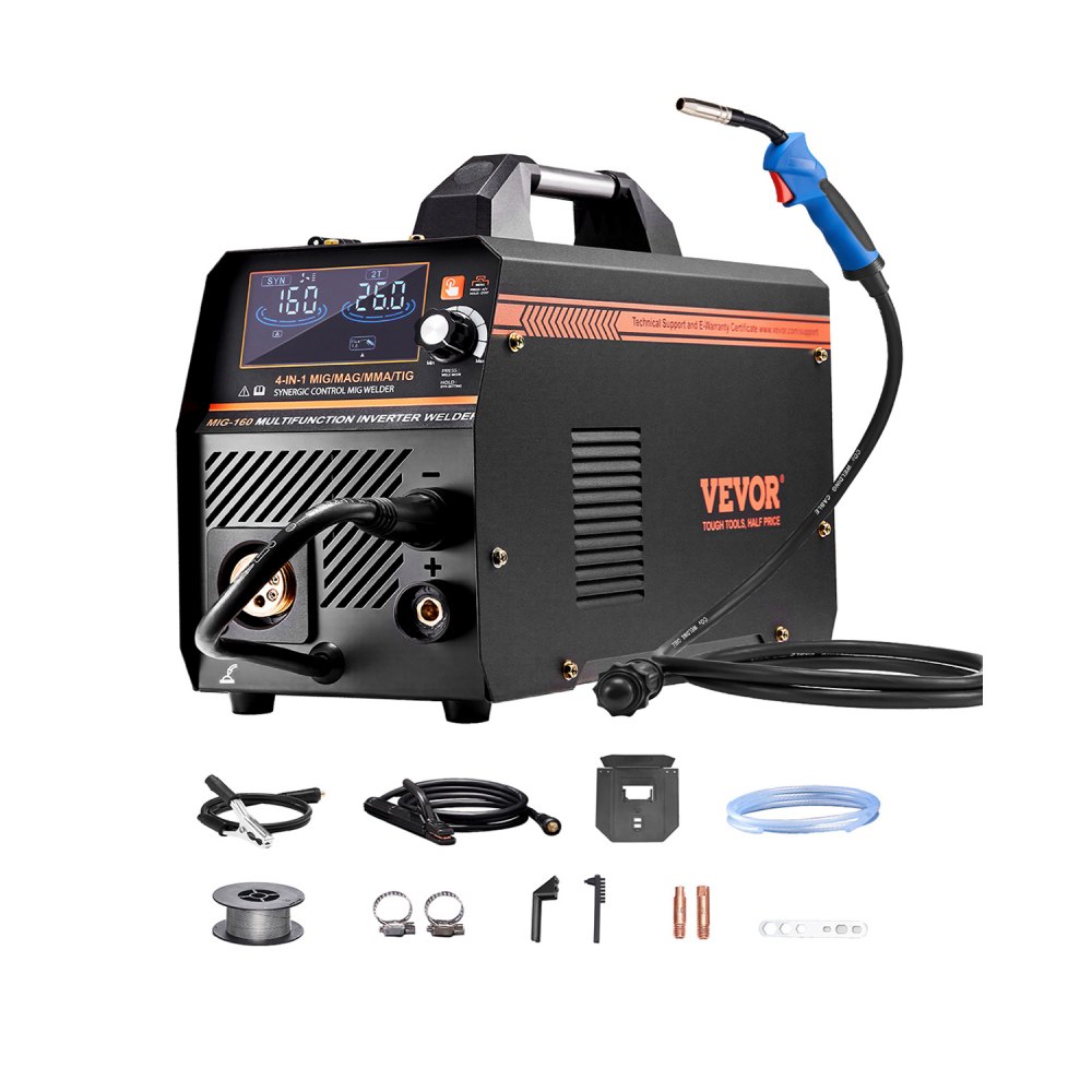VEVOR MIG Welder, 160A Synergic Mig Welding Machine, 4-in-1 Gas MIG/Flux Core MIG/Stick/Lift TIG Multi-Process Welder Machine with IGBT Inverter Technology and LCD Screen Display