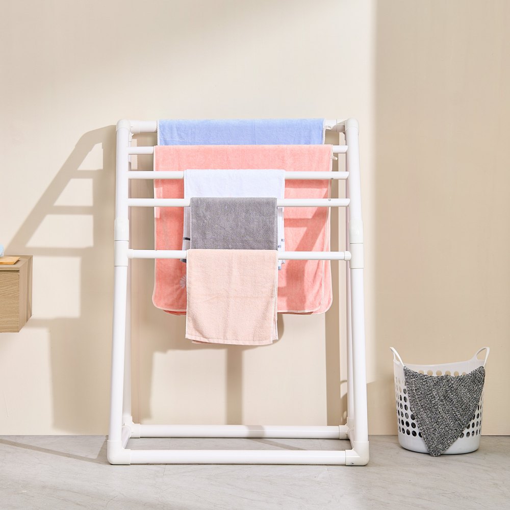 VEVOR Handdoekhouder met 5 handdoekstangen, vrijstaand, handdoekhouder voor spa en zwembad, 94 x 60 x 127 cm, wit, draagvermogen 25 kg, handdoekhouder van PVC met 8 handdoekklemmen en 1 haak