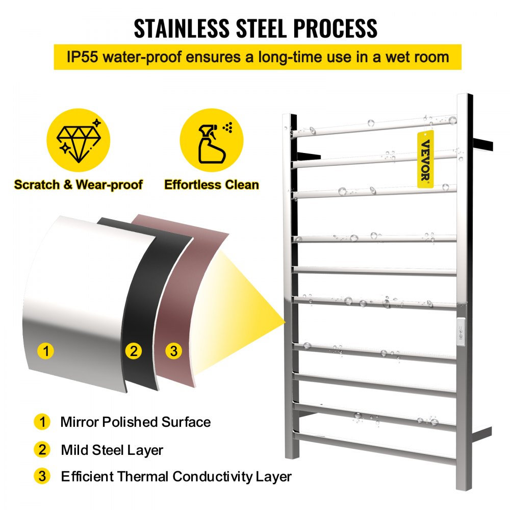 VEVOR Heated Towel Rack, 10 Bars Design, Mirror Polished Stainless Steel Electric Towel Warmer with Built-In Timer, Wall-Mounted for Bathroom, Plug-In/Hardwired, CE Certificated, Silver