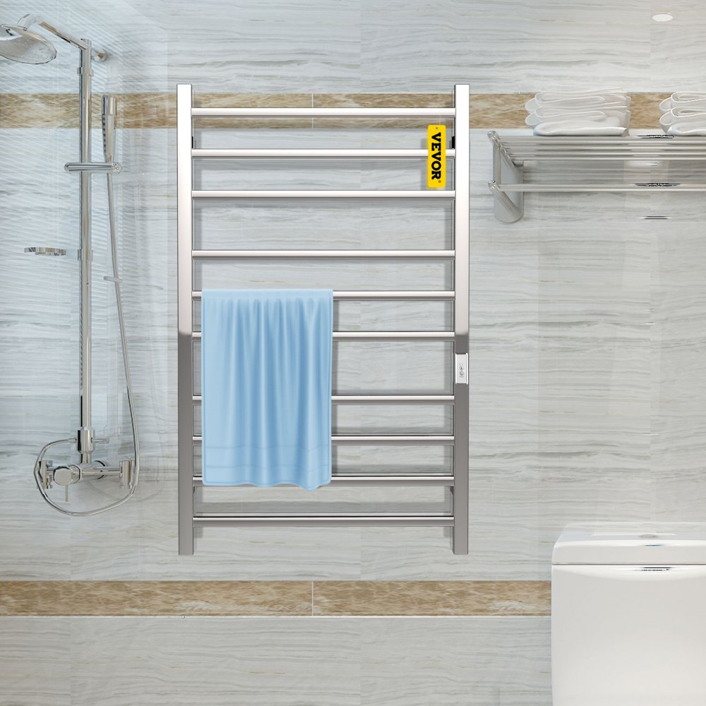 VEVOR Heated Towel Rack, 10 Bars Design, Mirror Polished Stainless Steel Electric Towel Warmer with Built-In Timer, Wall-Mounted for Bathroom, Plug-In/Hardwired, CE Certificated, Silver