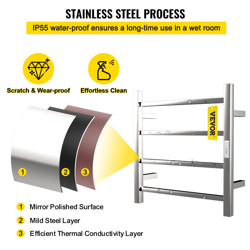 VEVOR Elektrisch Handdoekdroogrek 50 W Elektrische Handdoekverwarmer 4 Staven Verwarming Handdoek van Roestvrij Staal met Stabiele Verwarming 2
