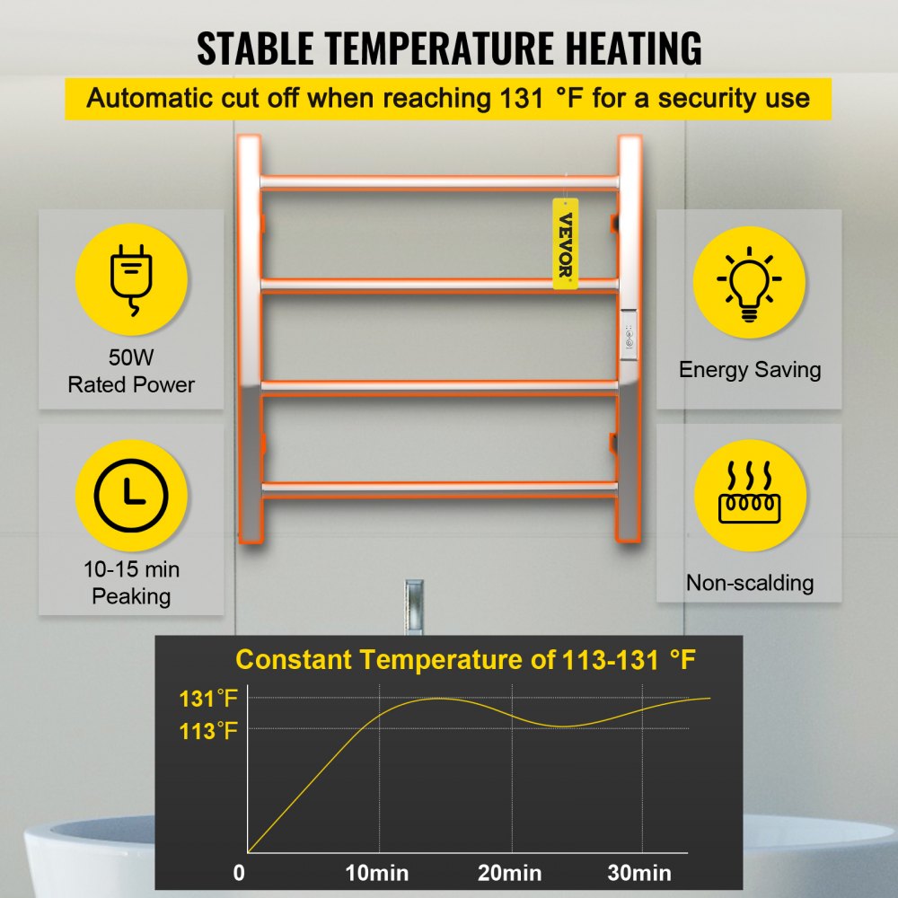 VEVOR Elektrisch Handdoekdroogrek 50 W Elektrische Handdoekverwarmer 4 Staven Verwarming Handdoek van Roestvrij Staal met Stabiele Verwarming 2