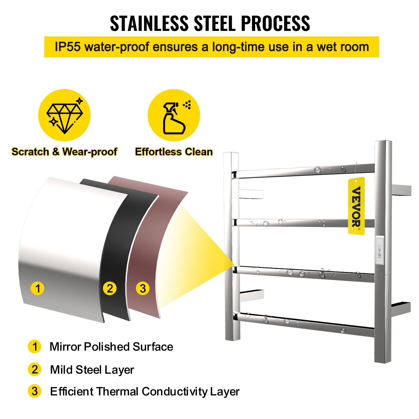 VEVOR Elektrisch Handdoekdroogrek 50 W Elektrische Handdoekverwarmer 4 Staven Verwarming Handdoek van Roestvrij Staal met Stabiele Verwarming 2