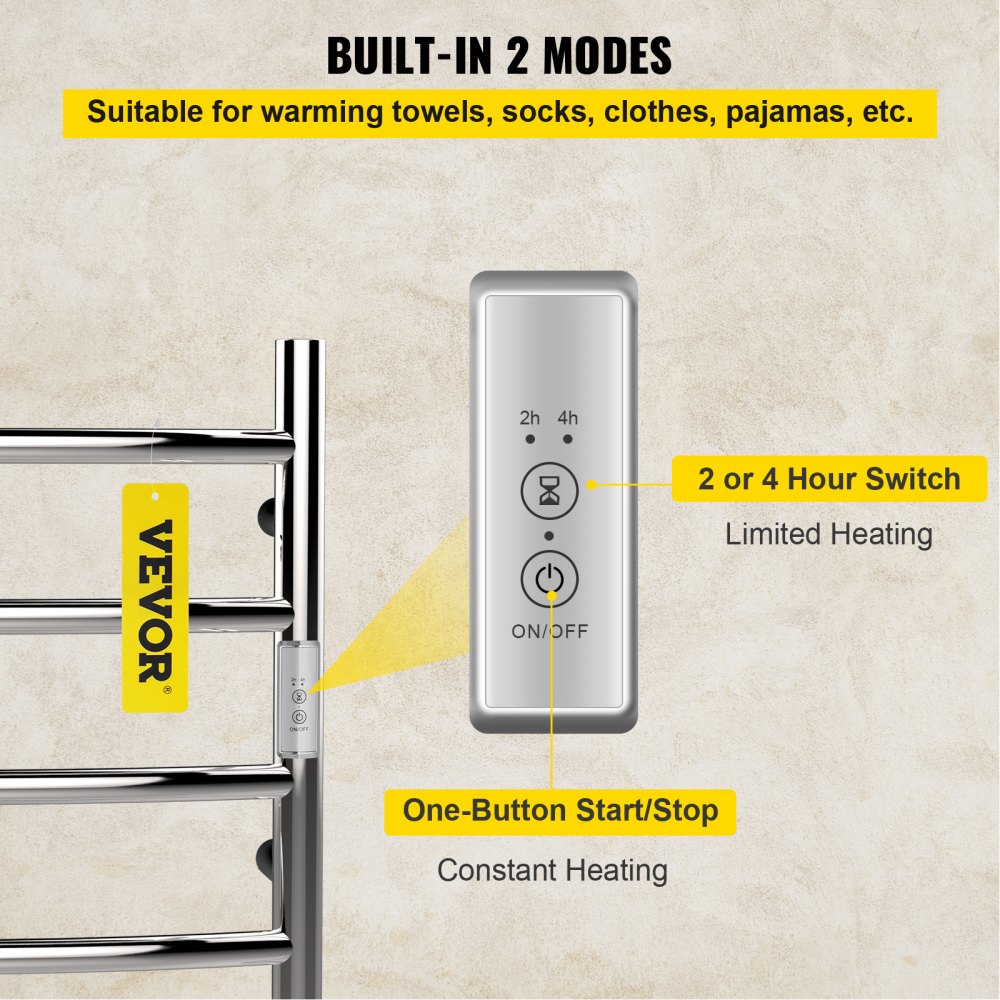 VEVOR Elektrisch Handdoekdroogrek 55 W Elektrische Handdoekverwarmer 4 Staven Verwarmde Handdoek van Roestvrij Staal met Stabiele Verwarming, 2 Standen Verwarmingsregeling en Max. 5 KG Laadvermogen