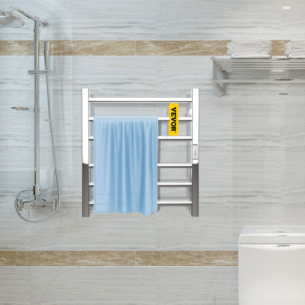 VEVOR Heated Towel Rack, 6 Bars Design, Mirror Polished Stainless Steel Electric Towel Warmer with Built-In Timer, Wall-Mounted for Bathroom, Plug-In/Hardwired, CE Certificated, Silver
