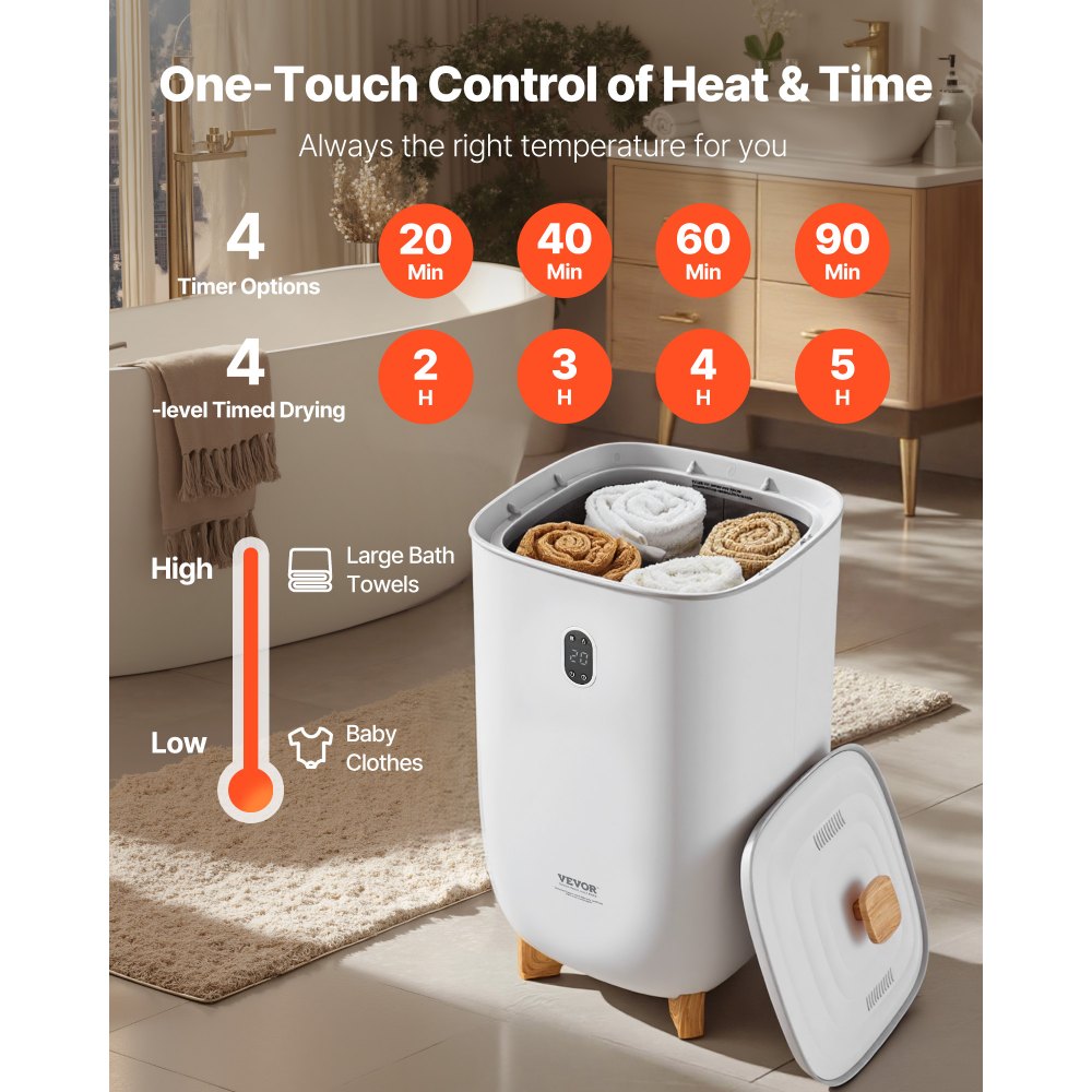 VEVOR 35L Grote handdoekverwarmer, handdoekverwarmer met LED-scherm en droogfunctie, slimme handdoekverwarmer met instelbare timer voor badkamer, badjas, deken en pyjama, automatische uitschakeling, wit