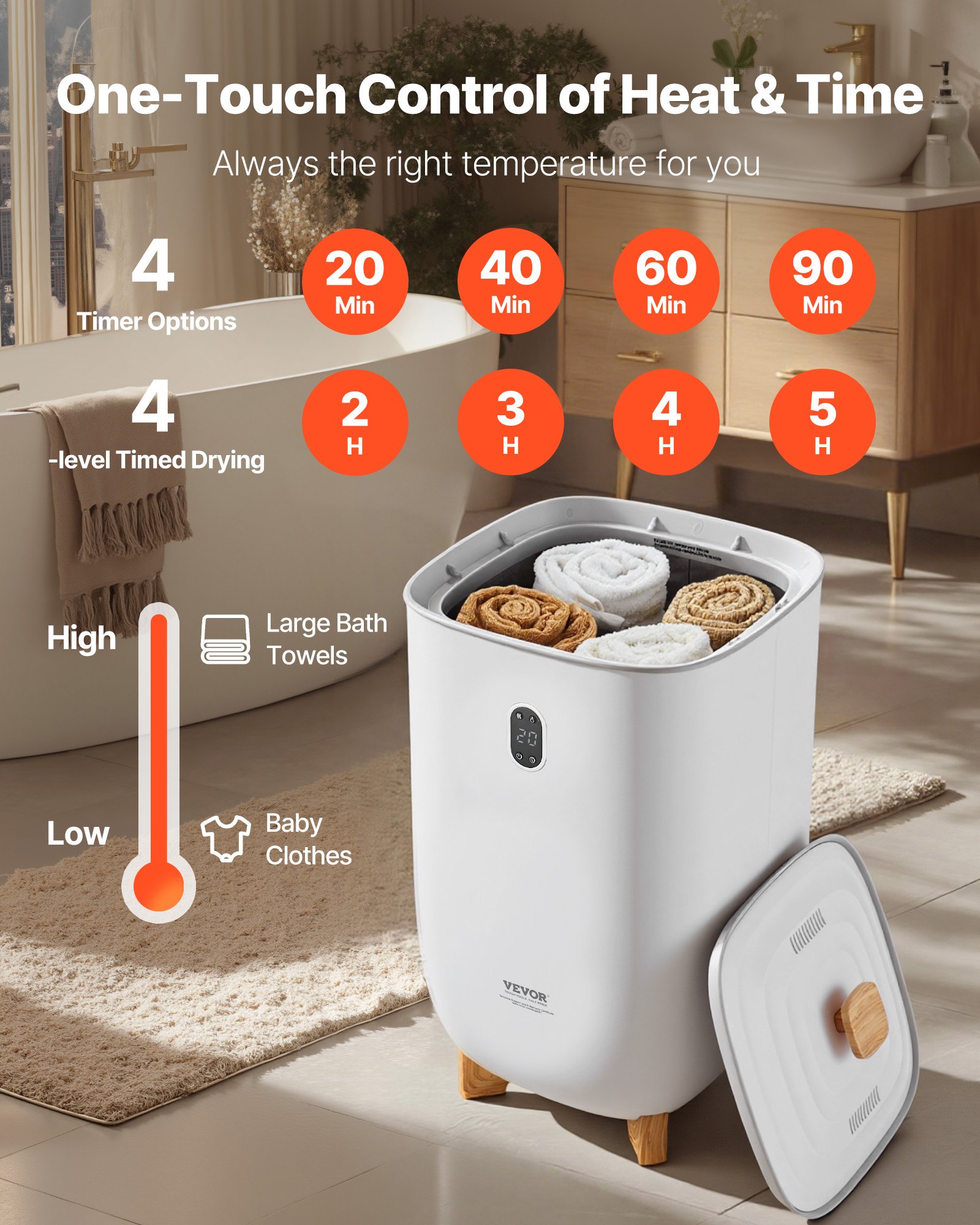 VEVOR 35L Grote handdoekverwarmer, handdoekverwarmer met LED-scherm en droogfunctie, slimme handdoekverwarmer met instelbare timer voor badkamer, badjas, deken en pyjama, automatische uitschakeling, wit