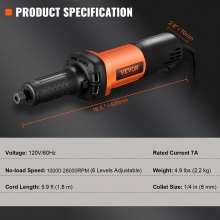 VEVOR rechte slijper 820W mini slijper 7000-30000 rpm rechte slijper 6 snelheden multischuurmachine met 1,8 m kabel 1/4" en 1/8" spantang waterdicht geluidsarm slijpen polijsten snijden