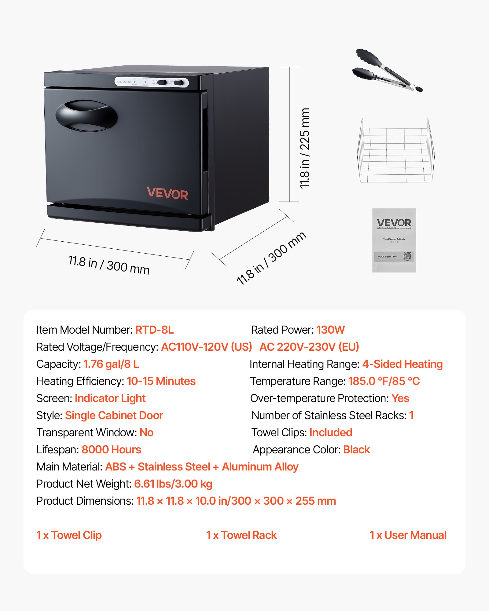 VEVOR Hot Towel Warmer, 1.76 gal Small Towel Warmer Cabinet with Clip & Stainless Steel Rack, Holds up 12 Towels, Portable All-Round Heating Cabinet for Spa, Barber, Manicures, Massage, Salon, Black