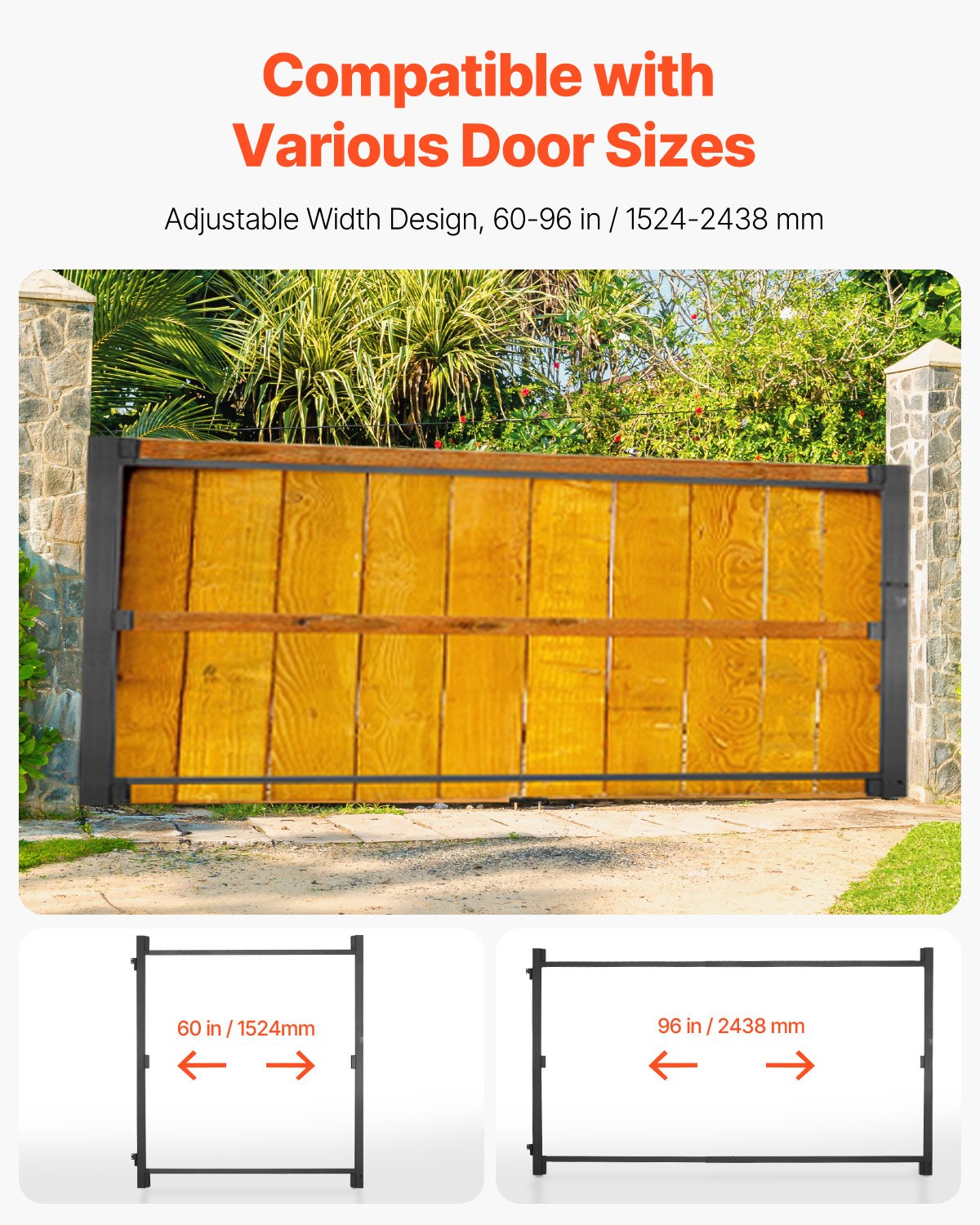 VEVOR poortset geschikt voor openingen van 152 tot 243 cm breed, verstelbare ijzeren poortframeset, anti-doorhang poortframeset met nachtschootslot en schroeven, voor houten hek, zwart