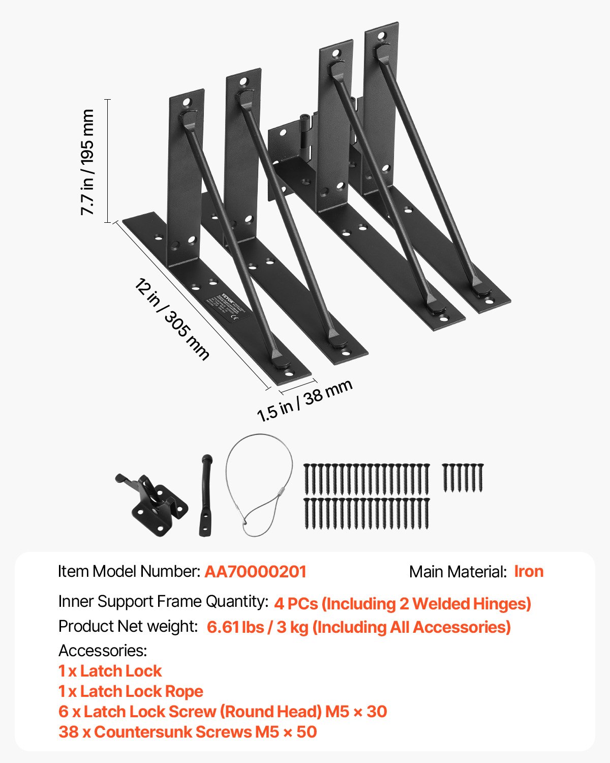 VEVOR Gate Corner Brace Bracket, Anti Sag Gate Frame Hardware Kit, Gate Frame Brace Bracket with Latch Lock, Latch Lock Rope, for Shed Doors, Corral Gates, Driveway Gates, Stable Gates, Iron, Black