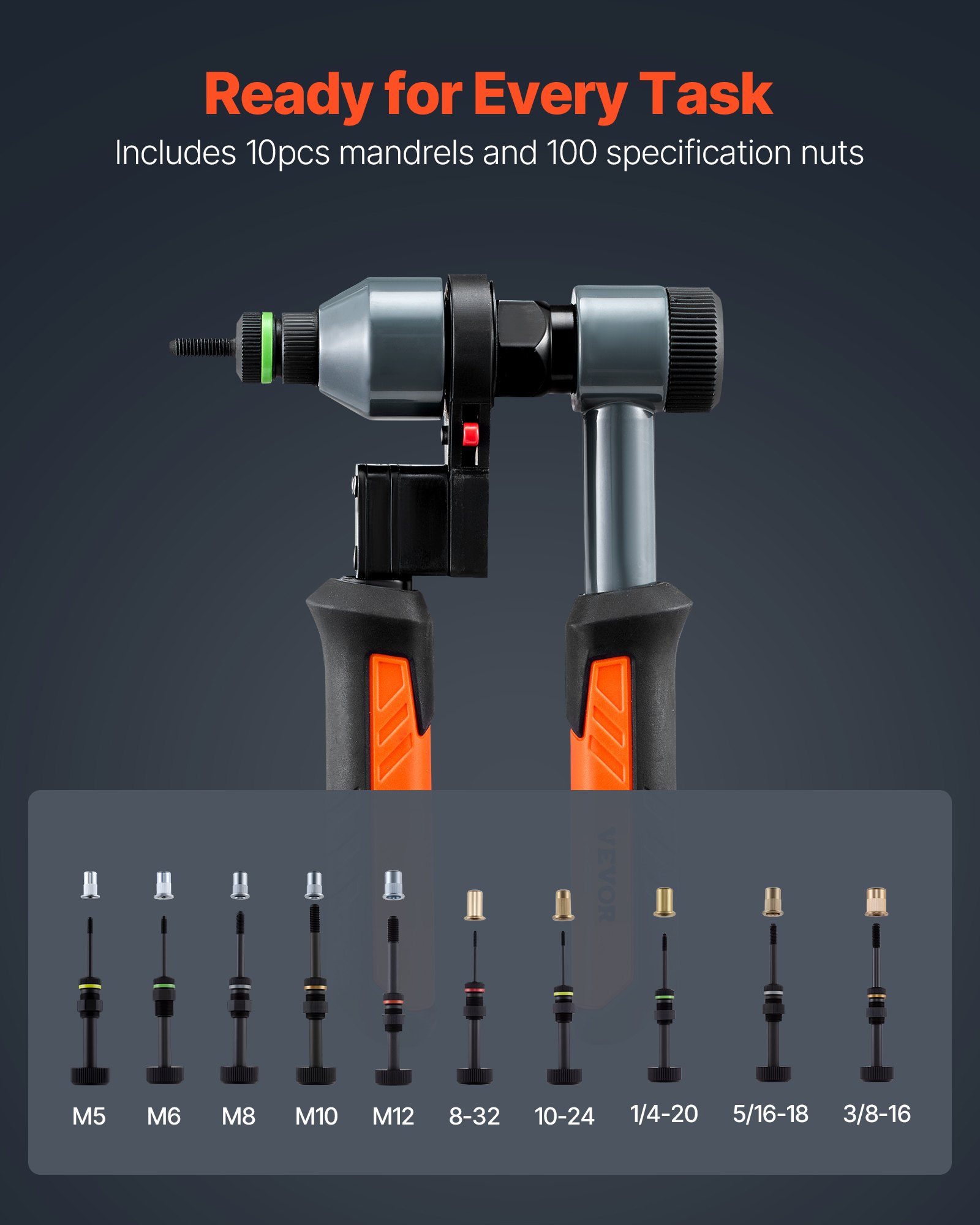 VEVOR Rivet Nut Tool Kit, 9-Inch Ratchet Rivnut Tool Kit, with 10 Mandrels and 100 Nuts, Metric and SAE Size M5, M6, M8, M10, M12, 8-32, 10-24, 1/4-20, 5/16-18, 3/8-16 UNC, with a Rugged Carrying Case