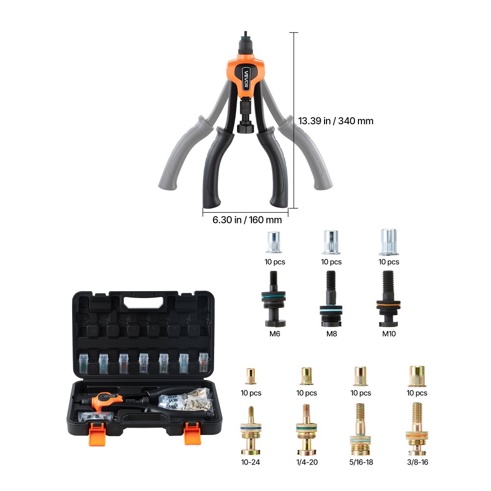 VEVOR klinknagelmoerenset 34 cm, tweehandig klinknagelgereedschap met 7 doornen en 70 moeren in metrische en SAE-maten (M6, M8, M10, 10-24, 1/4-20, 5/16-18, 3/8-16 UNC) incl. draagtas, voor thuis en in de auto