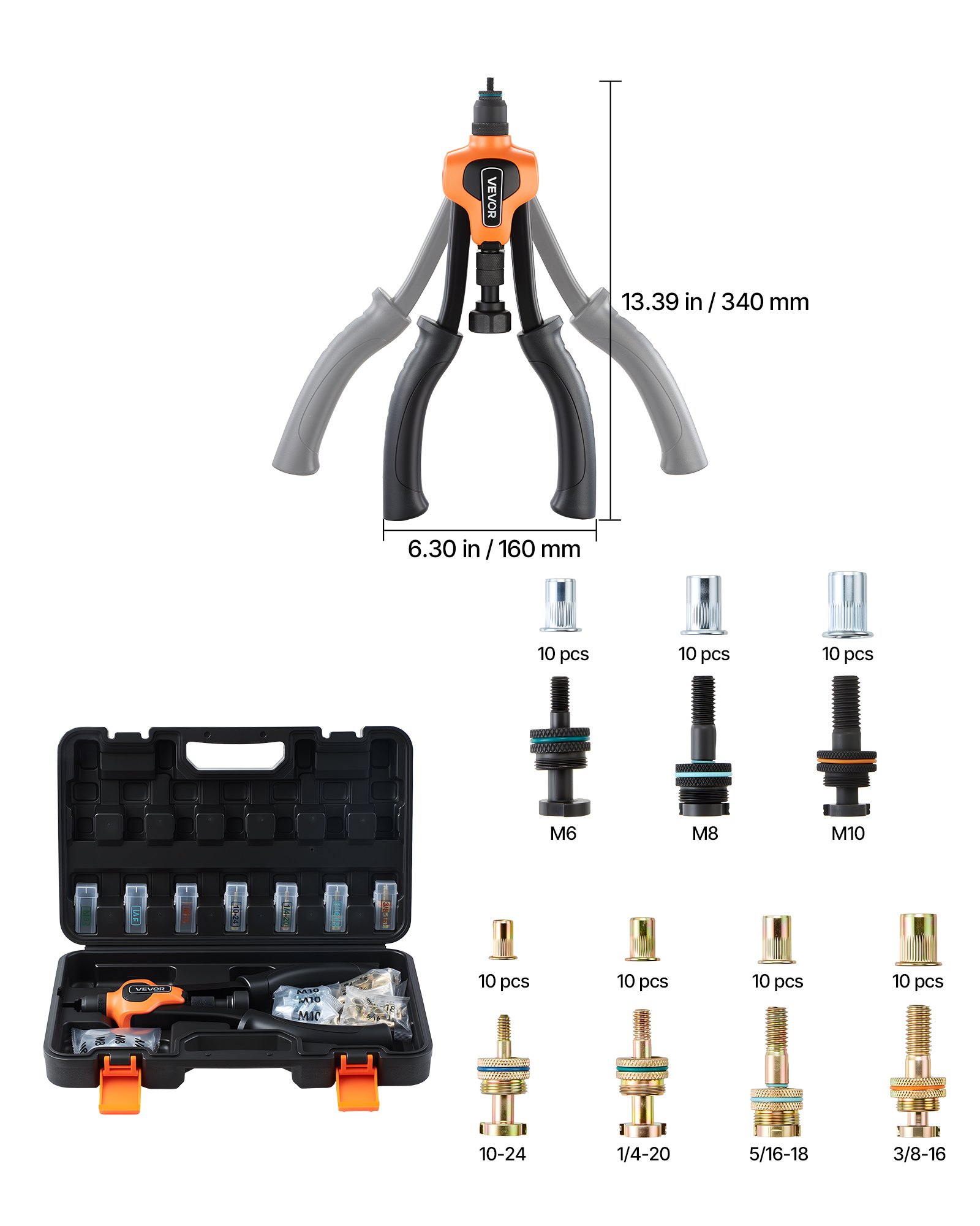 VEVOR klinknagelmoerenset 34 cm, tweehandig klinknagelgereedschap met 7 doornen en 70 moeren in metrische en SAE-maten (M6, M8, M10, 10-24, 1/4-20, 5/16-18, 3/8-16 UNC) incl. draagtas, voor thuis en in de auto