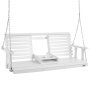 white VEVOR wooden porch swing with built-in cup holders and hanging chains.