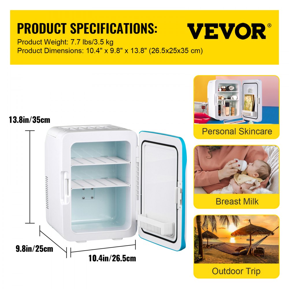 VEVOR Mini Fridge,10 Liter Portable Cooler Warmer, AC/DC Skincare Fridge, Stylish Look Compact Refrigerator, Lightweight Beauty Fridge, for Bedroom Office Car Boat Dorm Cosmetic Medicine in Blue