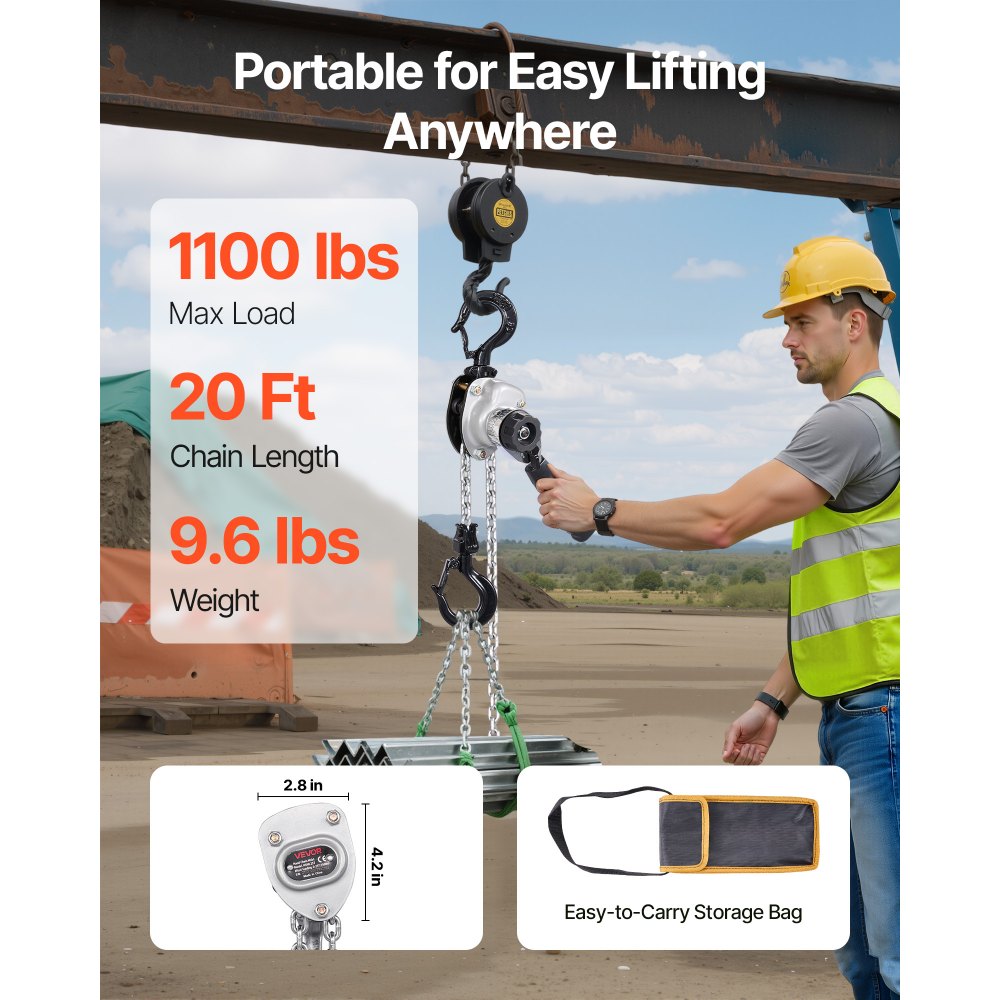 VEVOR Mini Hefboomtakel, 1/2T Capaciteit, Handkettingtakel, Hefvermogen 6 m, G80 Stalen Legering Ketting met Mechanische Dubbele Palrem, Kettingtakel met 360° Draaibare Haken, voor Magazijn, Bouw, Garage