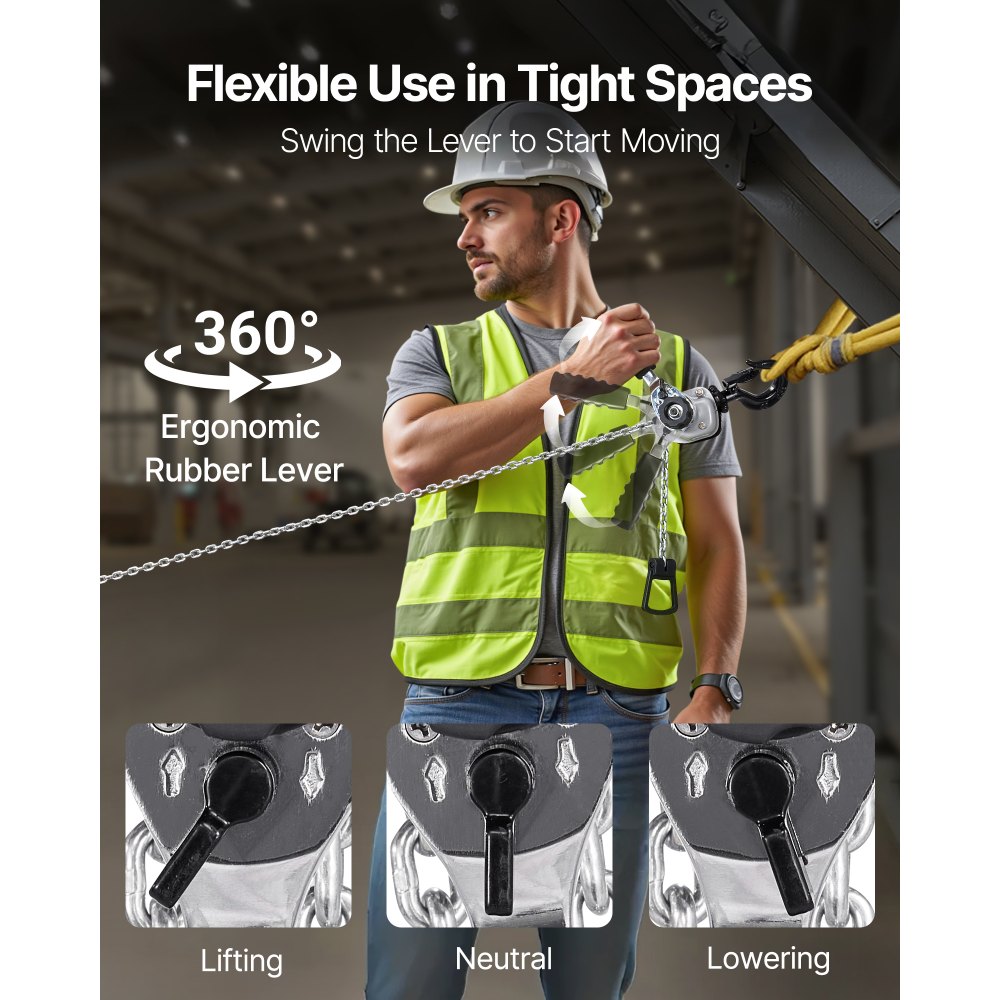 VEVOR Mini Hefboomtakel, 1/2T Capaciteit, Handkettingtakel, 1,5 m Hefvermogen, G80 Stalen Legering Ketting met Mechanische Dubbele Palrem, Kettingtakel met 360° Draaibare Haken, voor Magazijn, Bouw, Garage
