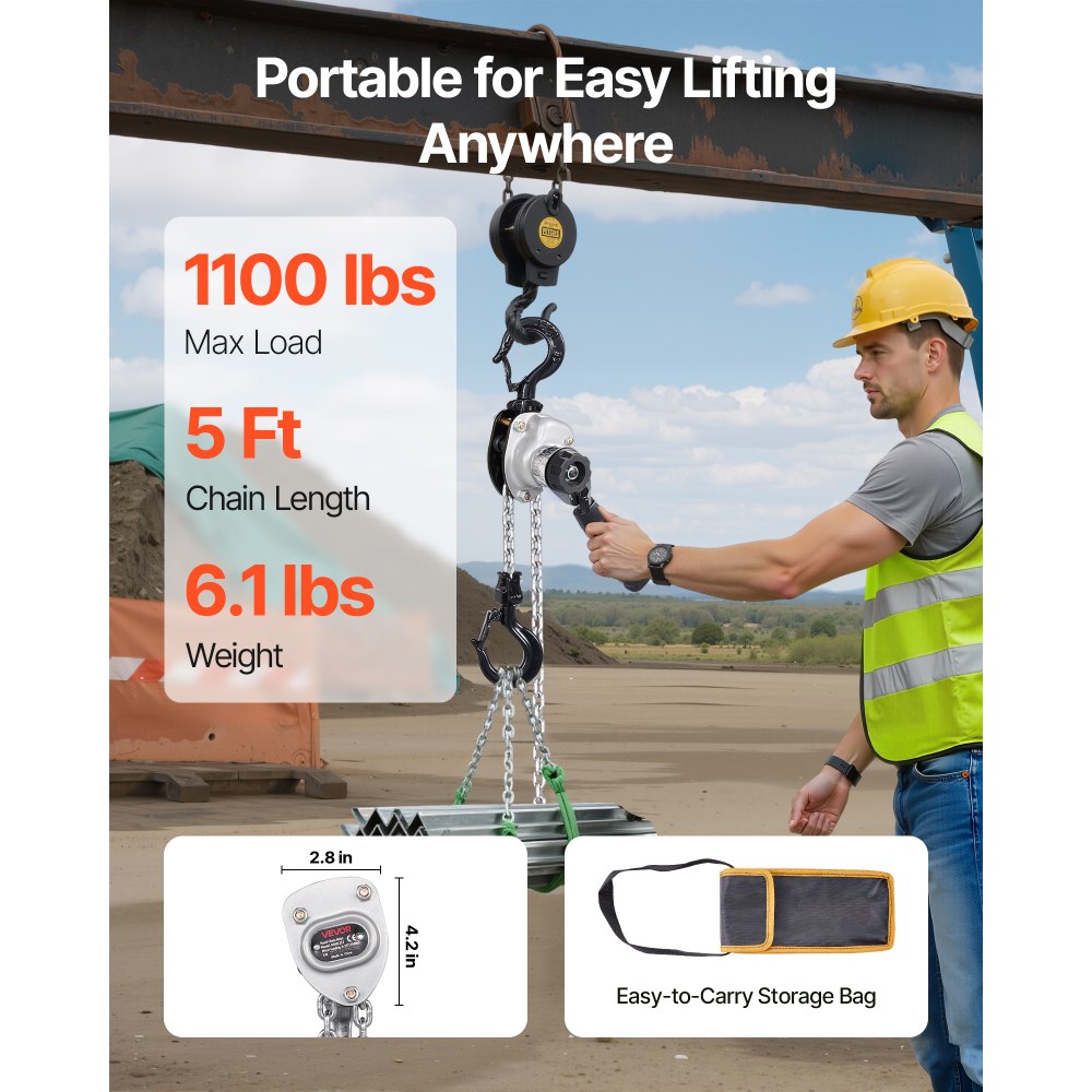 VEVOR Mini Hefboomtakel, 1/2T Capaciteit, Handkettingtakel, 1,5 m Hefvermogen, G80 Stalen Legering Ketting met Mechanische Dubbele Palrem, Kettingtakel met 360° Draaibare Haken, voor Magazijn, Bouw, Garage