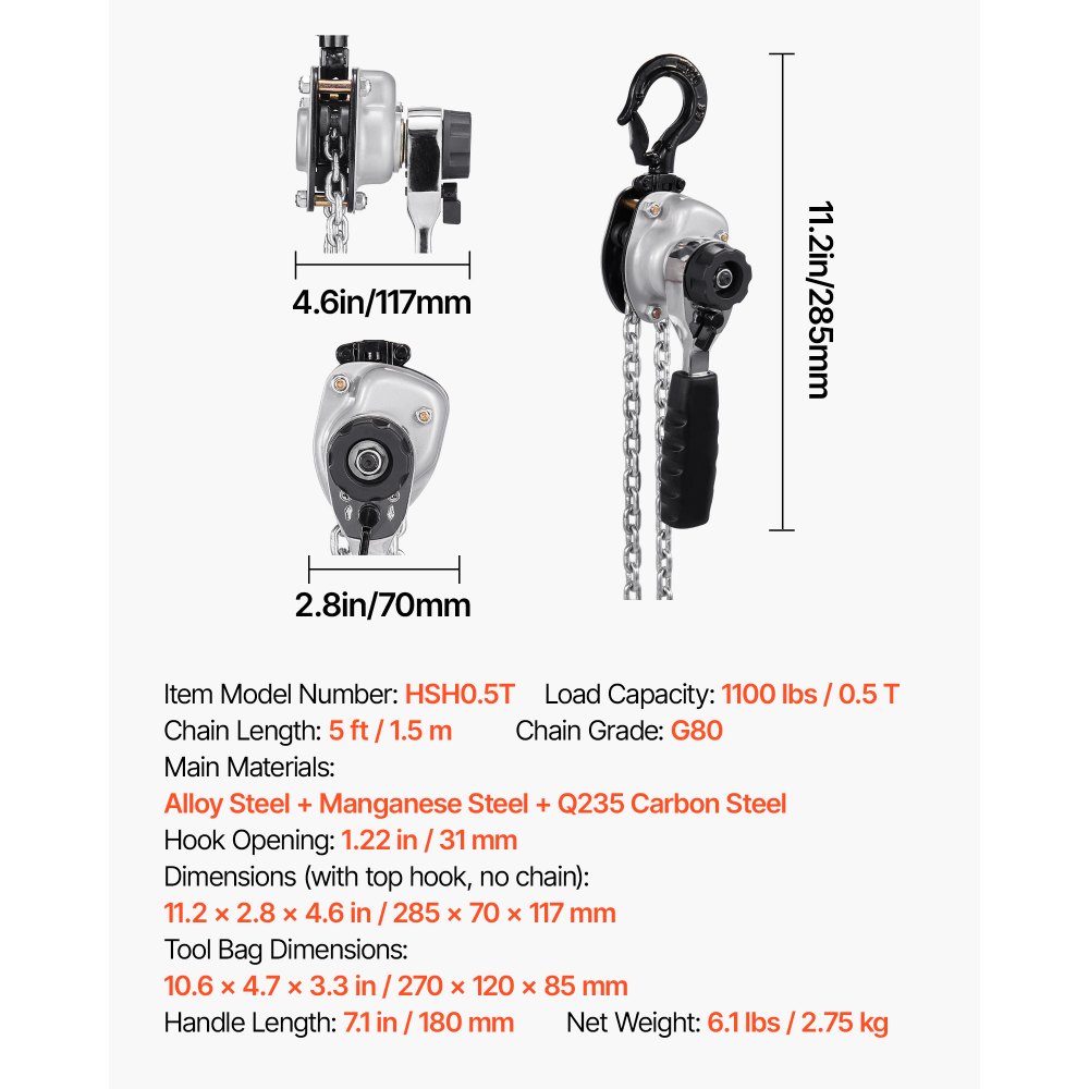 VEVOR Mini Hefboomtakel, 1/2T Capaciteit, Handkettingtakel, 1,5 m Hefvermogen, G80 Stalen Legering Ketting met Mechanische Dubbele Palrem, Kettingtakel met 360° Draaibare Haken, voor Magazijn, Bouw, Garage