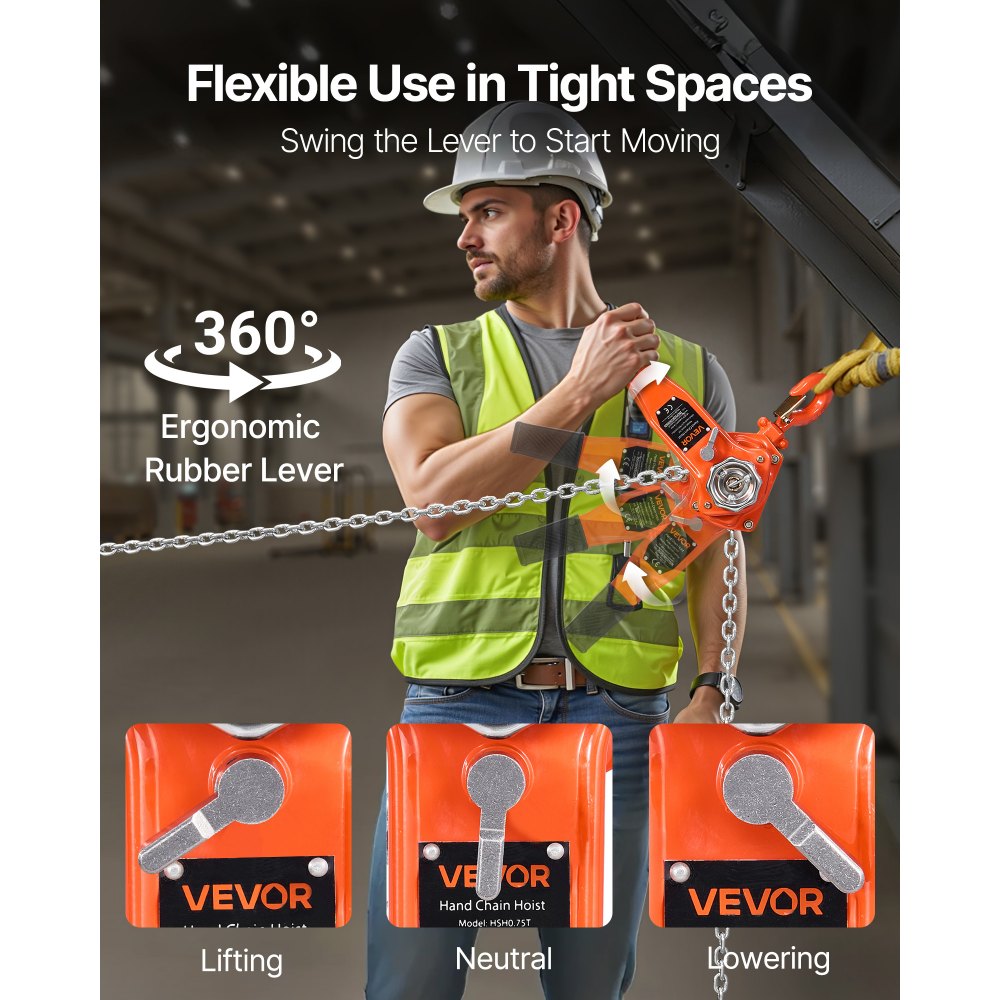 VEVOR Hefboomtakel, capaciteit 3/4T, handkettingtakel, hefvermogen 1,5 m, G80 stalen legeringketting met mechanische dubbele palrem, rateltakel met 360° draaibare haken, voor magazijn, bouwplaats en garage