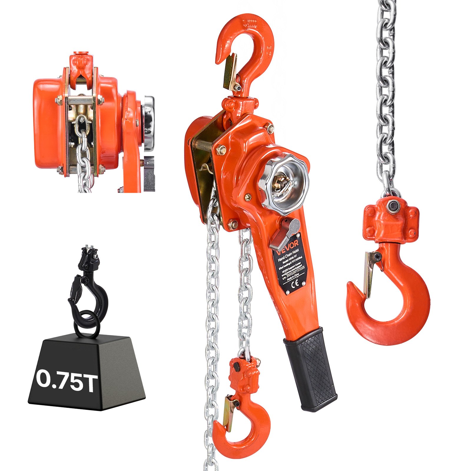 VEVOR Manual Lever Chain Hoist, 3/4T 750KG Capacity Heavy Duty Come Along, 6M Lift G80 Alloy Steel Chain With Dual Pawl Mechanical Brake, 360° Rotating Hooks, for Warehouse Construction Garage