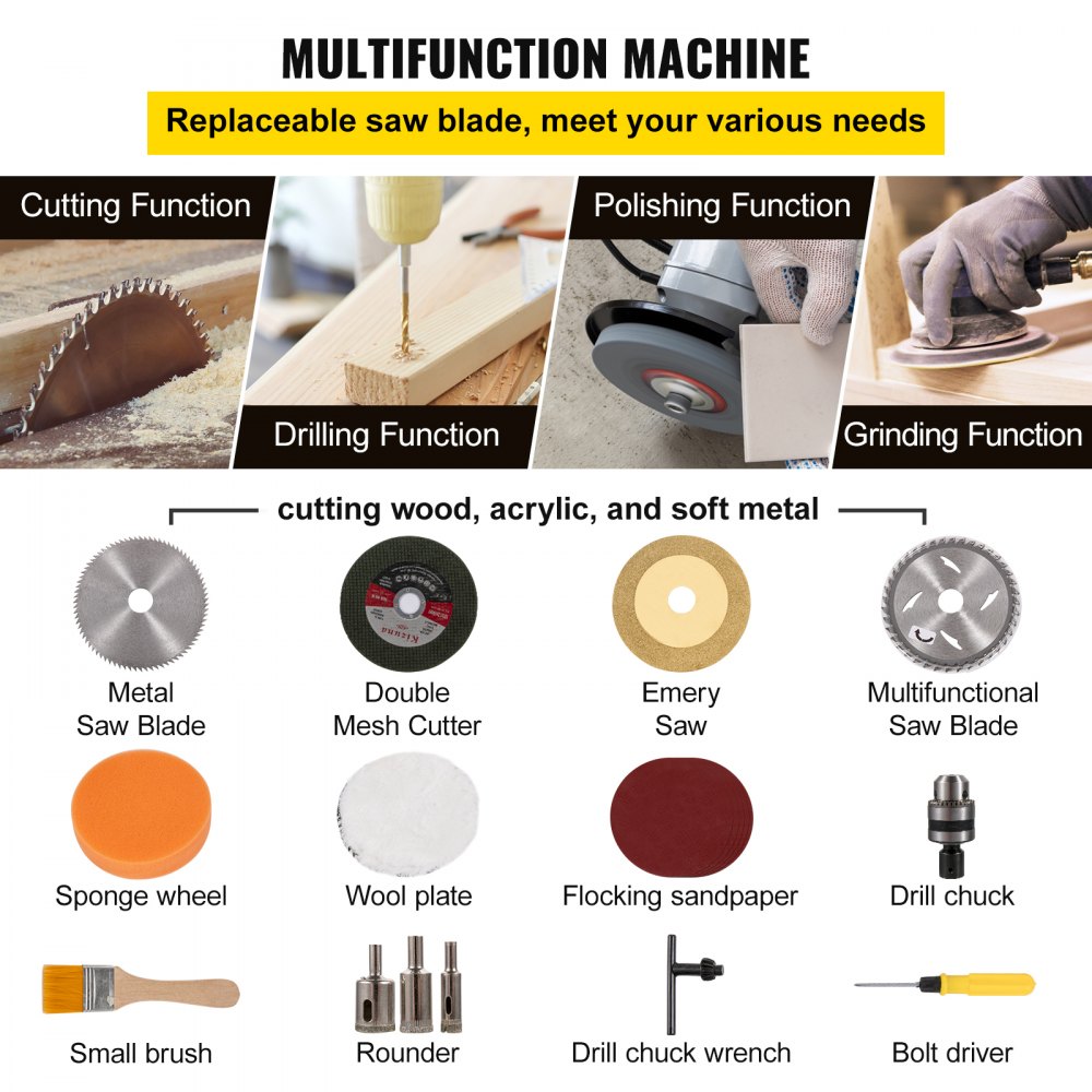 VEVOR Mini Tafelzaag 240x220x100 mm Kleine Tafelzaag 96W Mini Precisie Tafelzaag Gemaakt van Metaal en Elektronische Componenten met Snelheidsaanpassing op 7 Niveaus voor Snijden Slijpen Polijsten enz