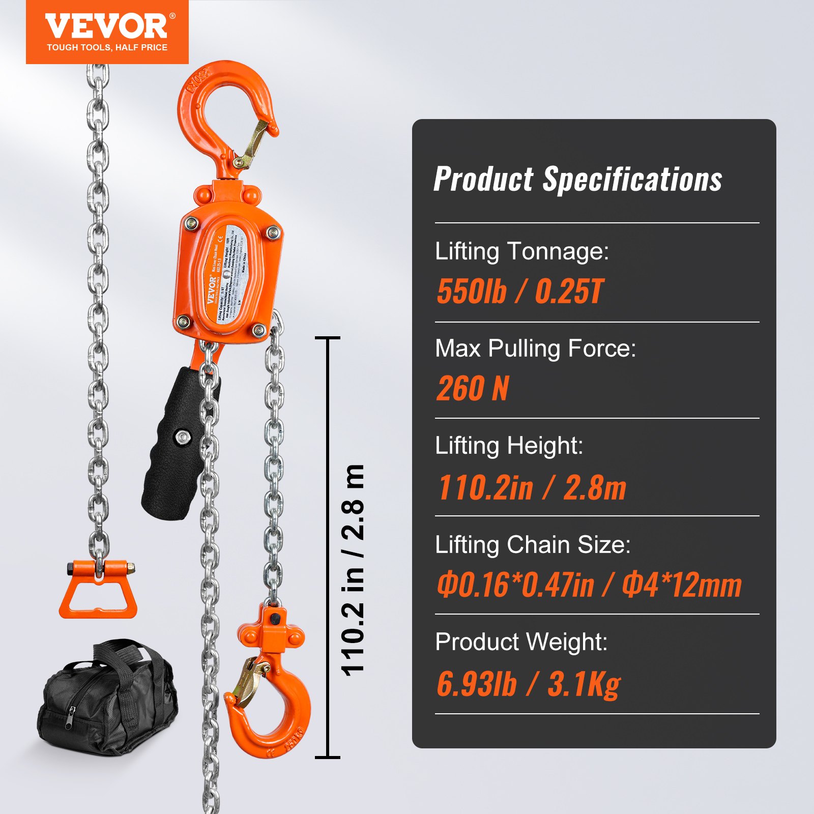 VEVOR Manual Lever Chain Hoist, 1/4 Ton 550 lbs Capacity 10 FT Come Along, G80 Galvanized Carbon Steel with Weston Double-Pawl Brake, Auto Chain Leading & 360° Rotation Hook, for Garage Factory Dock