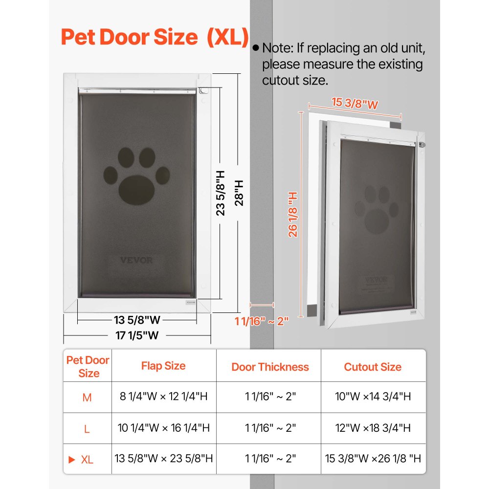 VEVOR Hondenluik (XL) met 3 magnetische kleppen en metalen frame, weerbestendig kattenluik voor binnen- en buitendeuren, kattenluik, hondenluik, huisdierluik, wit, 34,61 x 60 cm (breedte x hoogte) Huisdierluik