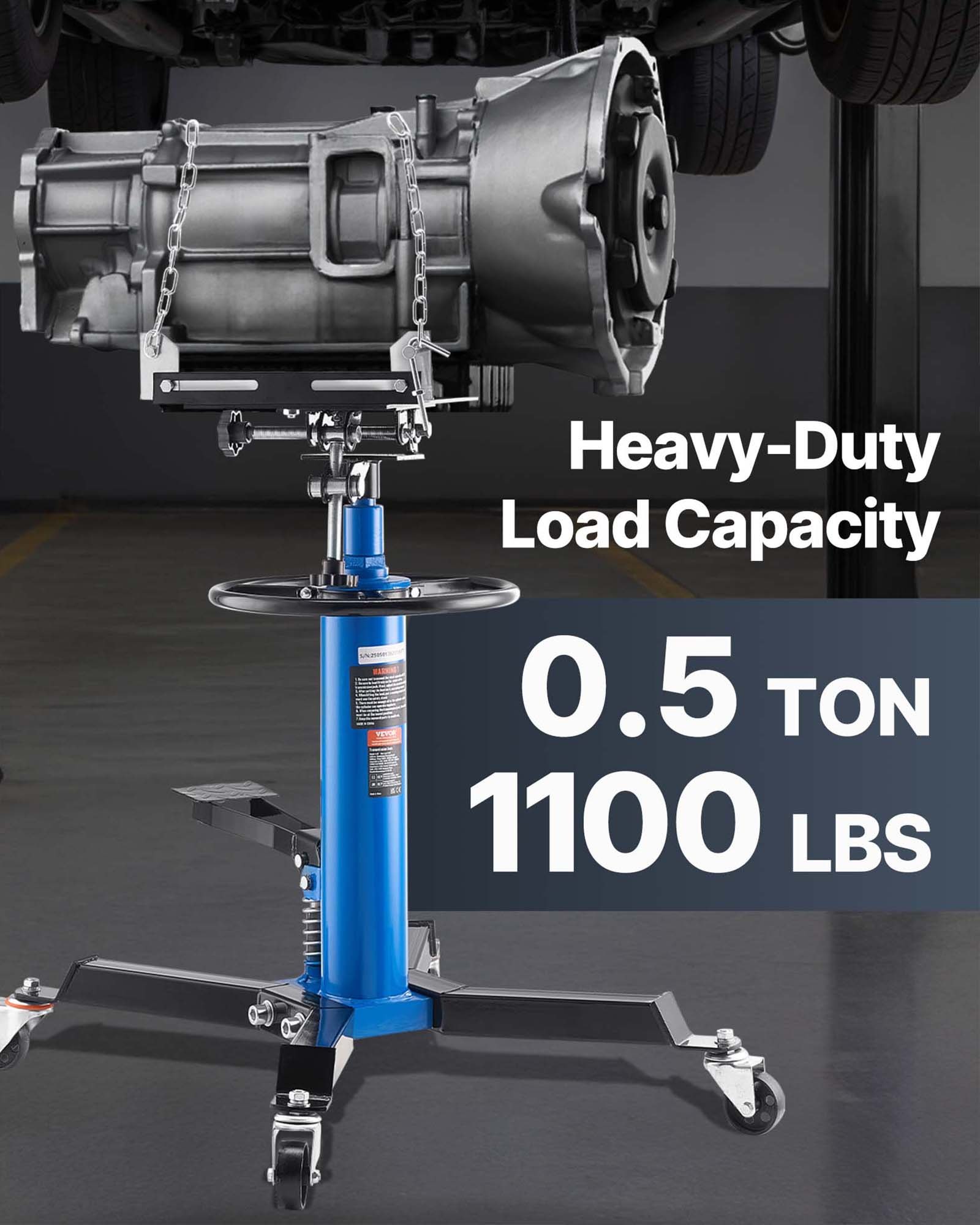 VEVOR Transmission Jack,0.5 Ton/1100 lbs Capacity Hydraulic Telescopic Transmission Jack, 2-Stage Floor Jack Stand with Foot Pedal, 360° Swivel Wheel, Garage/ Shop Lift Hoist, Blue