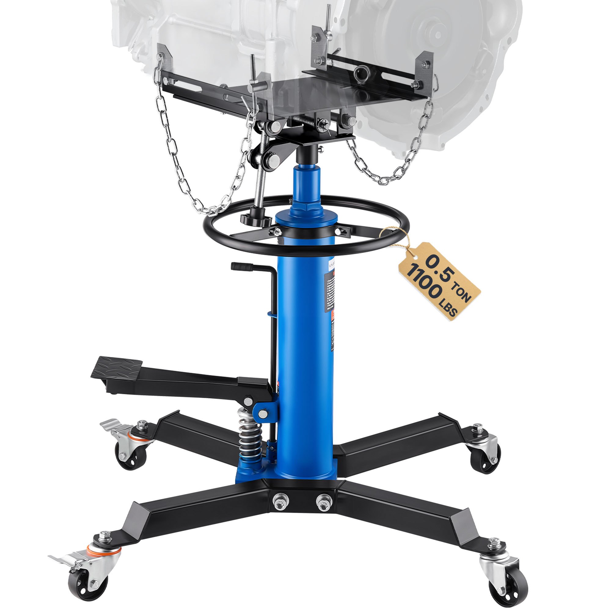 VEVOR Transmission Jack,0.5 Ton/1100 lbs Capacity Hydraulic Telescopic Transmission Jack, 2-Stage Floor Jack Stand with Foot Pedal, 360° Swivel Wheel, Garage/ Shop Lift Hoist, Blue