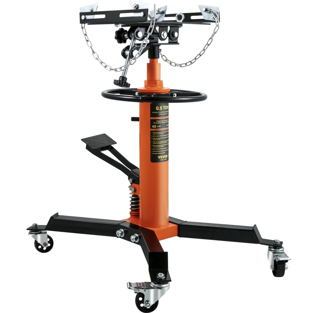 orange VEVOR transmission jack with wheels, adjustable chains, and foot pedal controls.