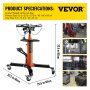 VEVOR transmission jack with 0.5 ton capacity, 33.5x25.6x33.5 in dimensions, and 13.8x9.8 in tray size.